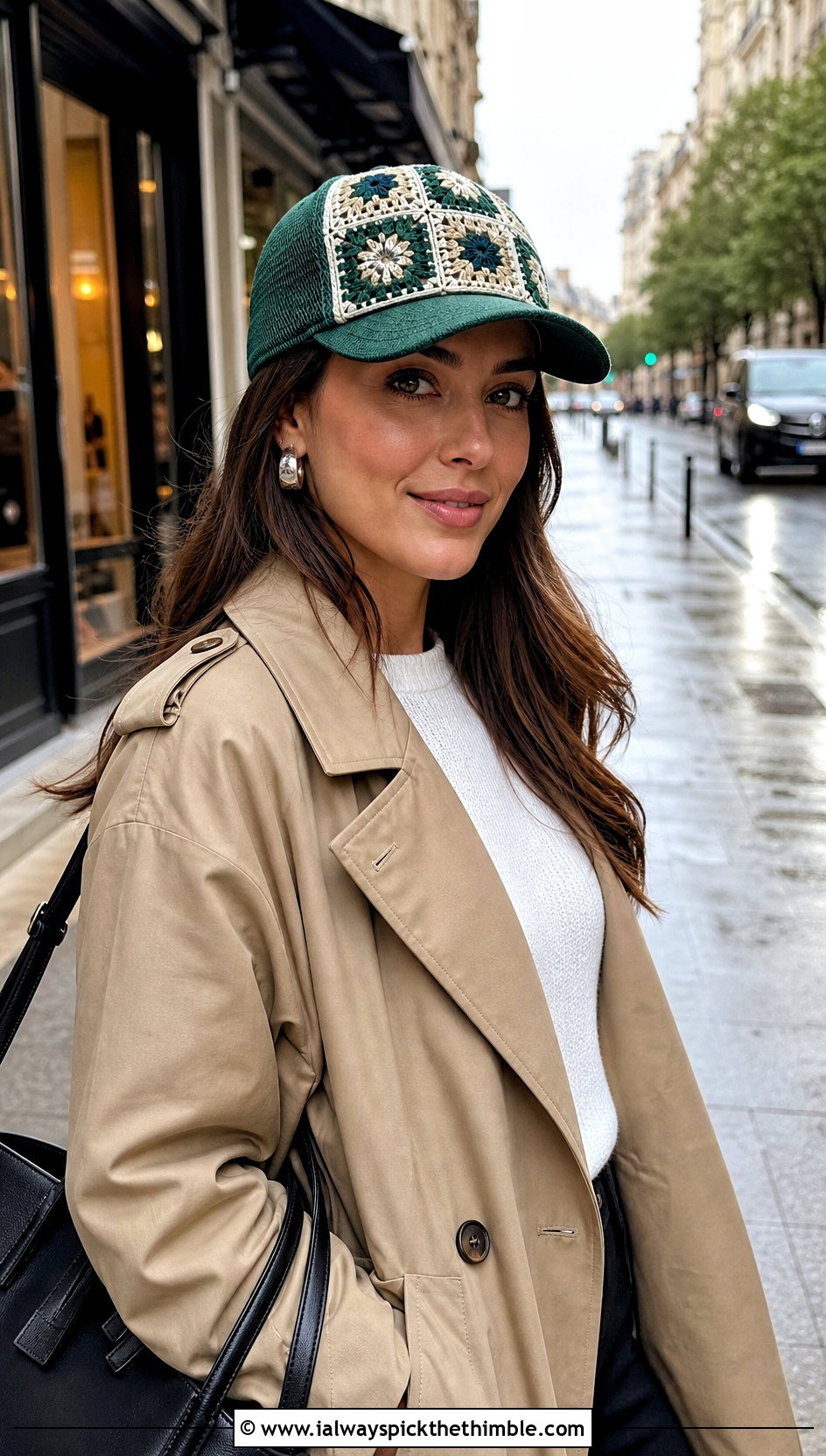 Mini Motif Granny Square Trucker Hat With Trench Coat And Loafers - 25 granny square trucker hat outfit ideas