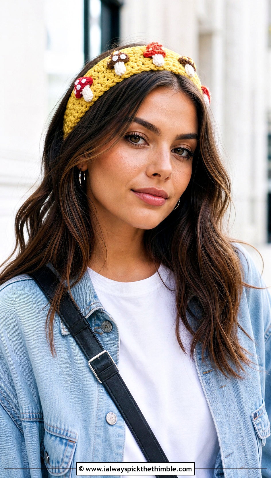 Mini Mushroom Crochet Headband With Denim Jacket - 20 mushroom crochet headband outfit ideas
