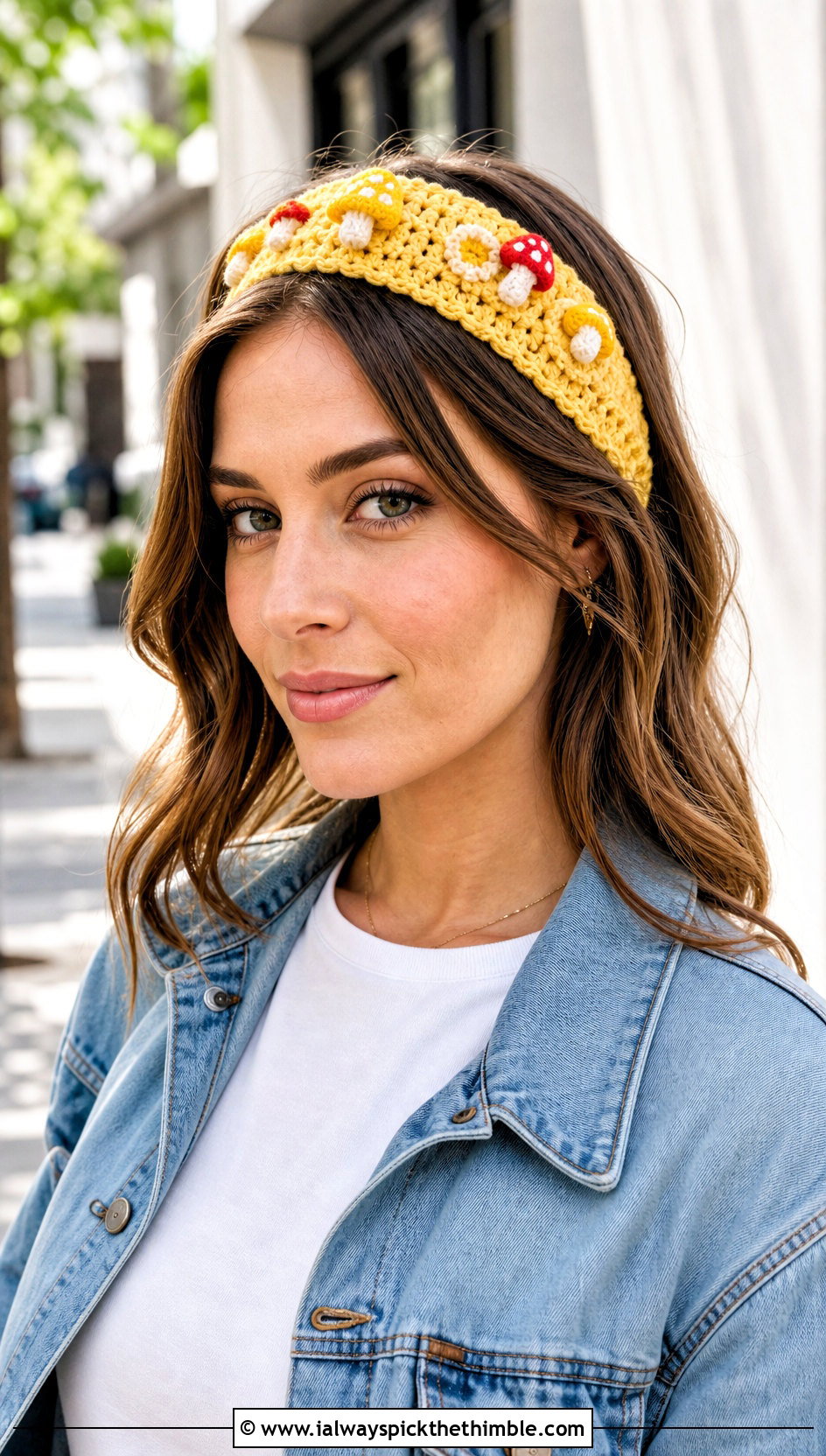 Mini Mushroom Crochet Headband With Denim Jacket - 20 Crochet Mushroom Headband outfit ideas