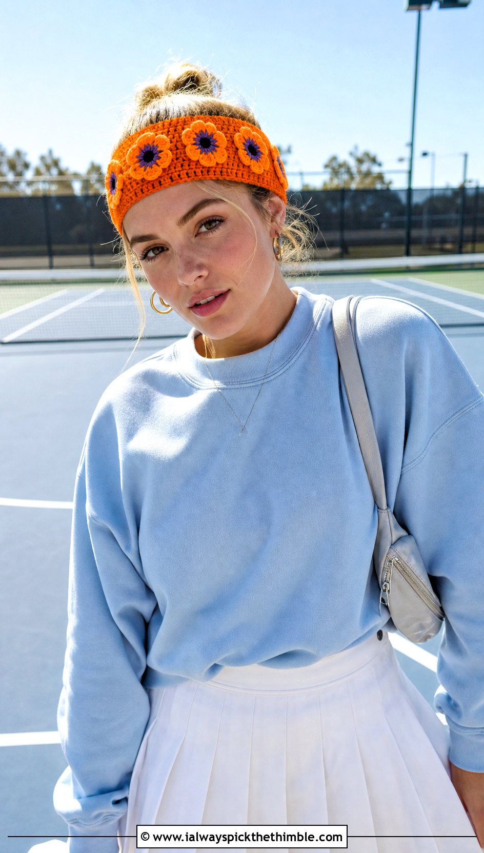 Mini Pansy Headband With Sweatshirt And Tennis Skirt - 20 crochet headband with flower outfit ideas