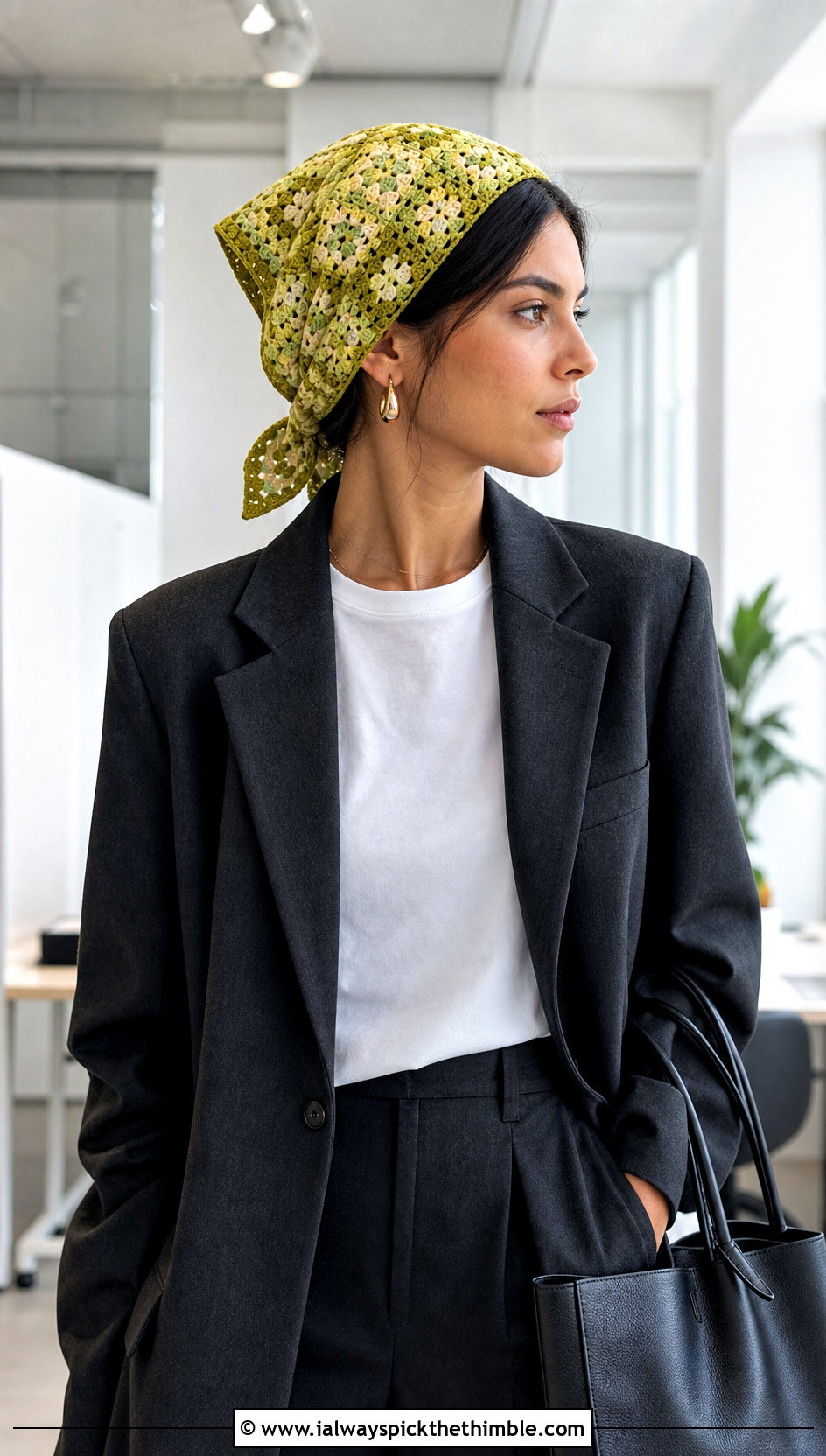 Mini Patchwork Granny Square Hair Scarf With Blazer And Trousers - 20 granny square hair scarf outfit ideas