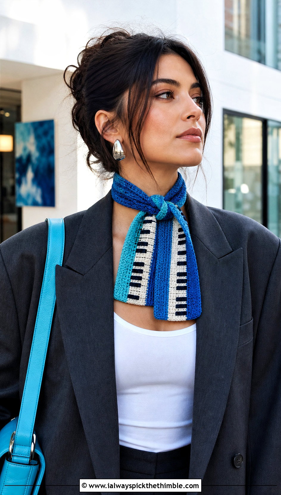Mini Piano Key Crochet Scarf With Blazer And Jeans - 25 crochet piano scarf outfit ideas