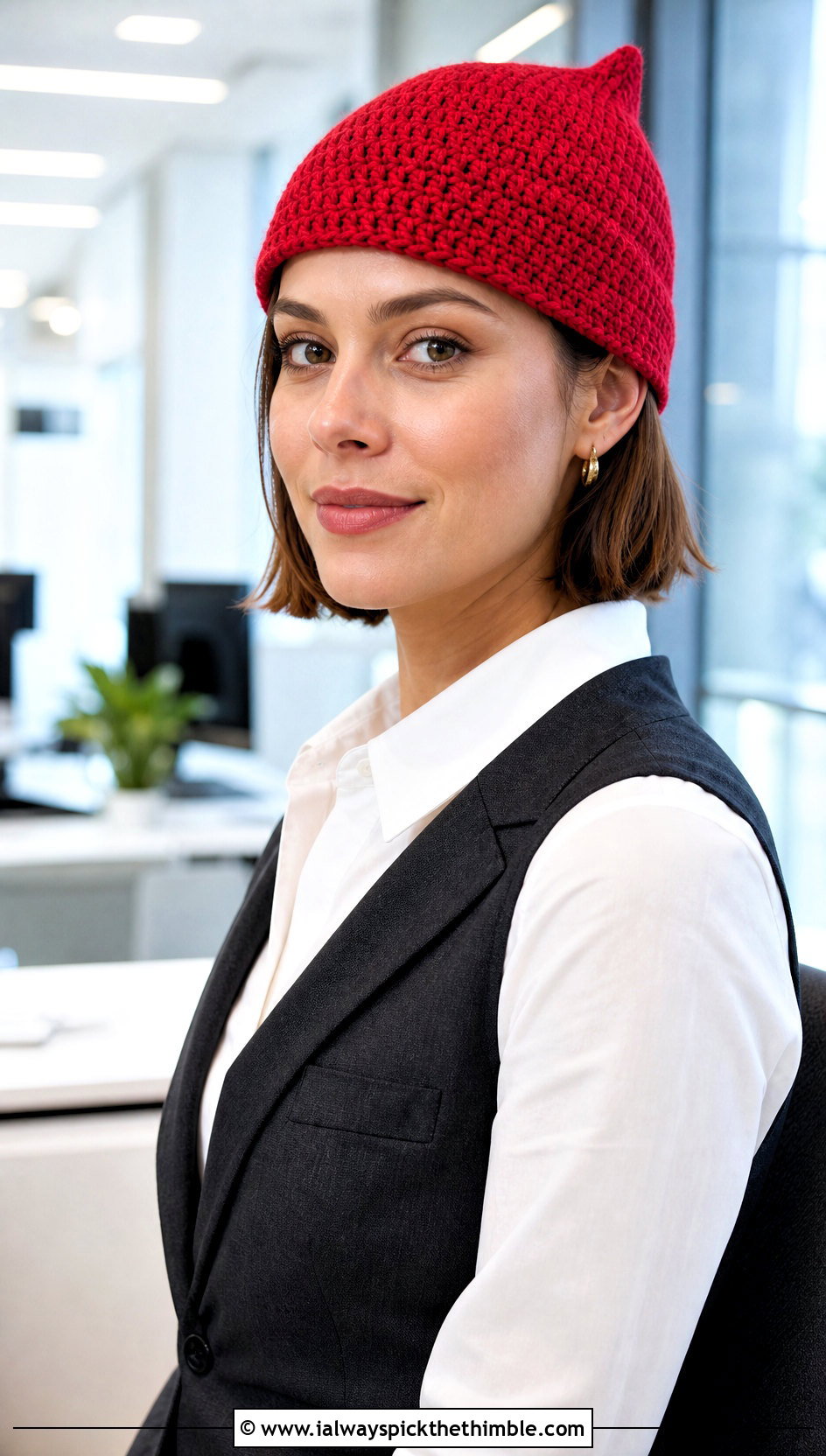 Mini Point Crochet Hat With Office Trousers - 20 Crochet Pointed Hat outfit ideas