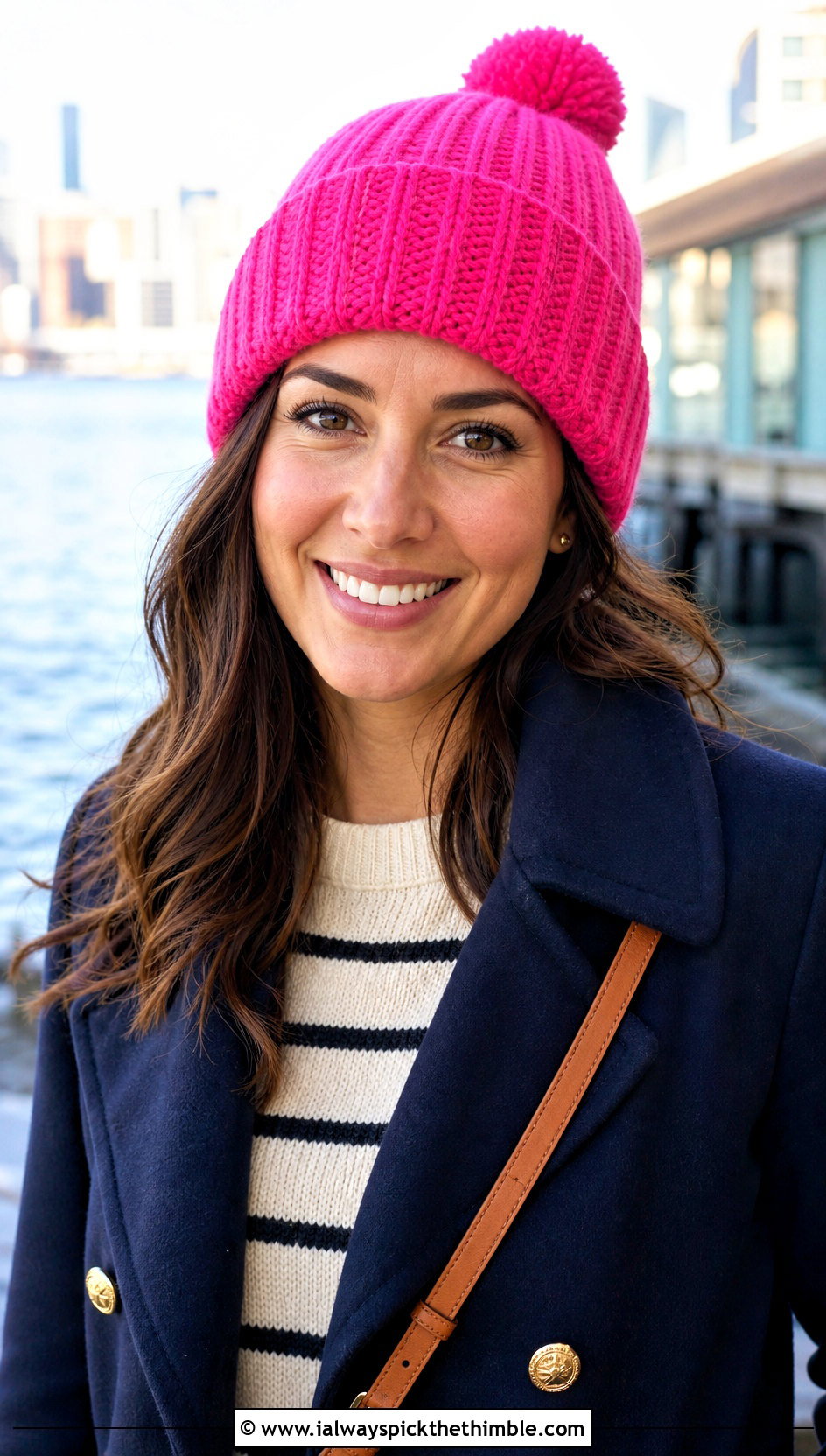 Mini Pom Pom Crochet Ribbed Beanie With Peacoat - 25 crochet ribbed beanie outfit ideas
