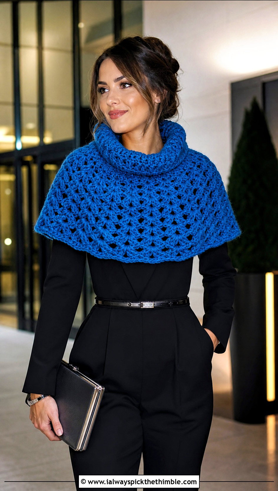 Mini Poncho Chunky Yarn Crochet Cowl With Jumpsuit And Heeled Boots - 20 Chunky Yarn Crochet Cowl outfit ideas