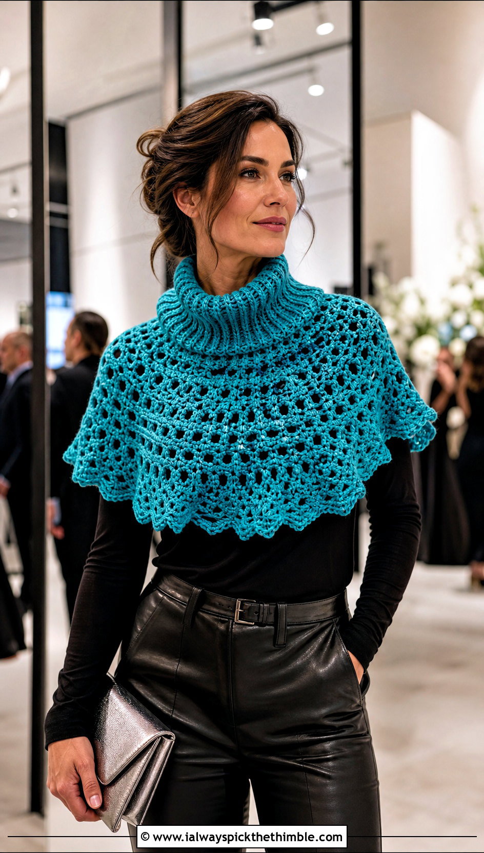 Mini Poncho Crochet Cowl With Leather Pants - 25 crochet cowl outfit ideas