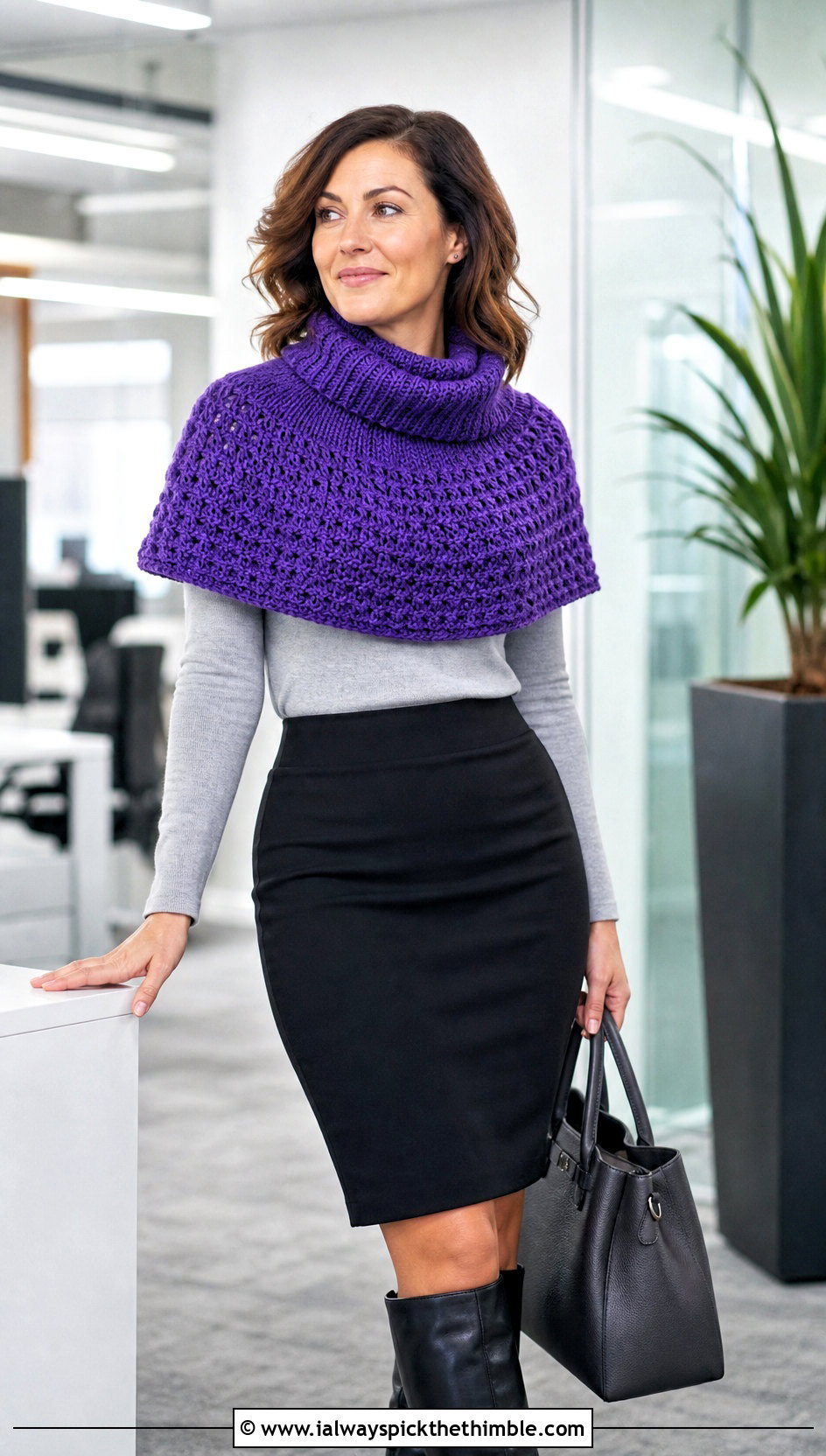 Mini Poncho Crochet Cowl With Pencil Skirt And Tall Boots - 25 crochet neck warmer cowls outfit ideas