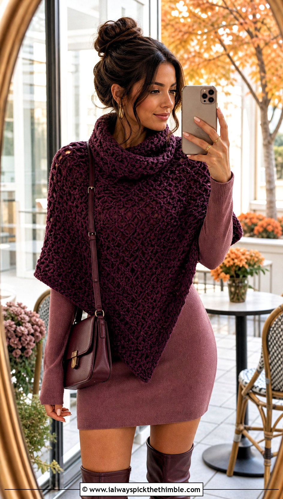 Mini Poncho Triangle Cowl With Sweater Dress - 20 crochet triangle cowl outfit ideas