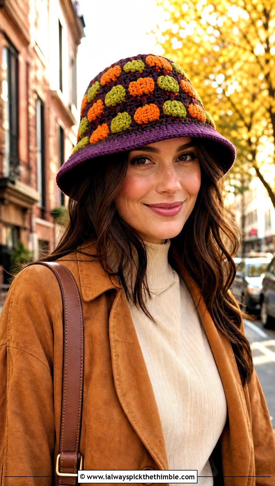 Mini Pumpkin Motif Bucket Hat With Suede Jacket - 20 crochet pumpkin bucket hat outfit ideas