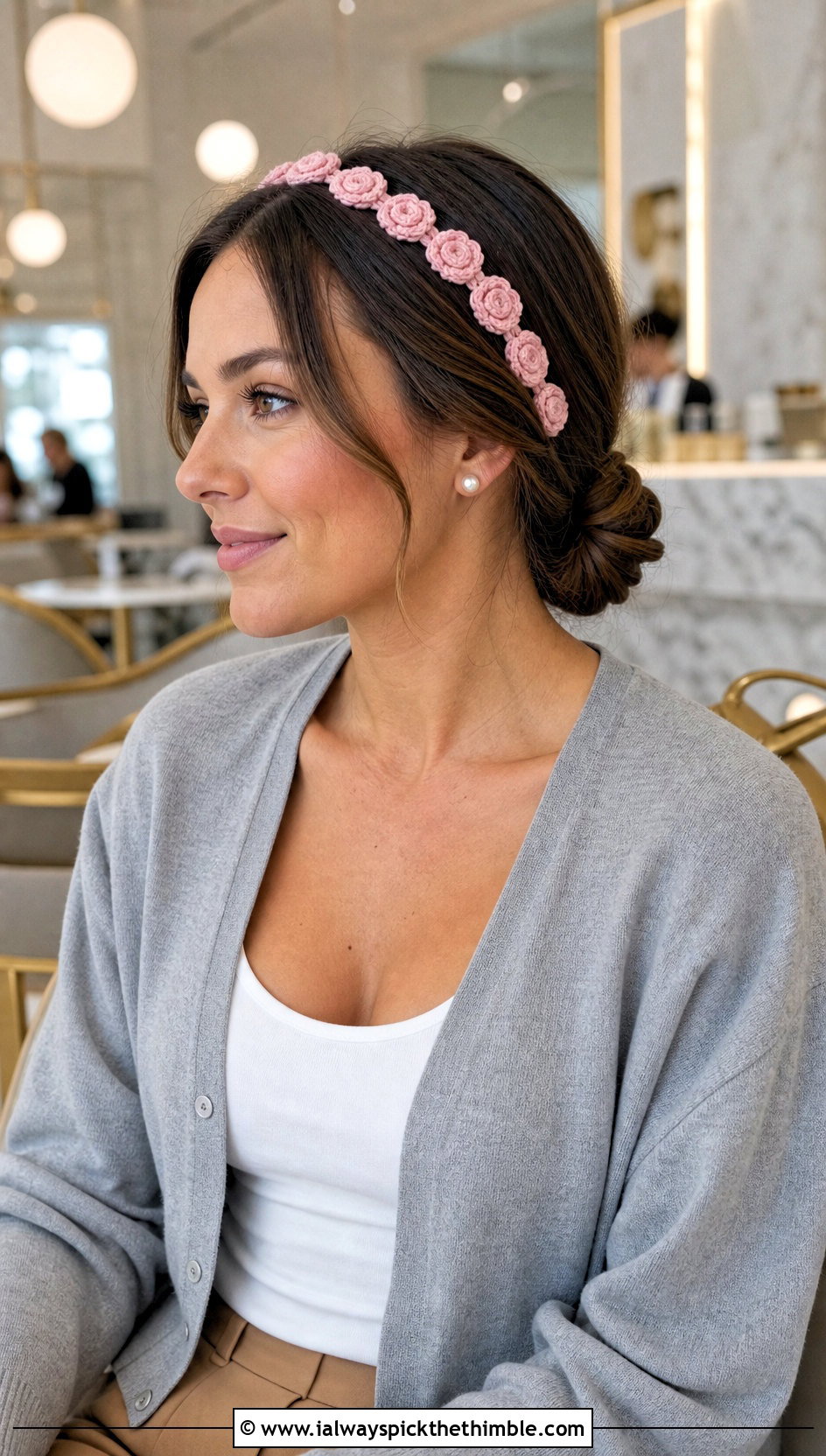 Mini Rosette Crochet Headband With Cardigan And Trousers - 15 crochet headband with flower decoration outfit ideas