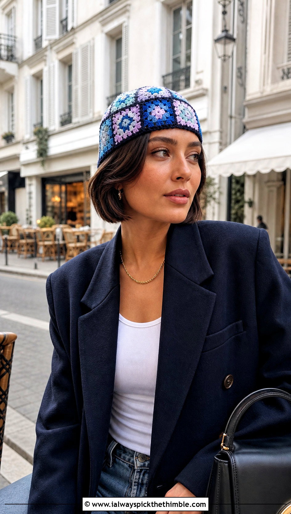 Mini Square Crochet Beanie With Blazer And Jeans - 20 granny square crochet beanie outfit ideas