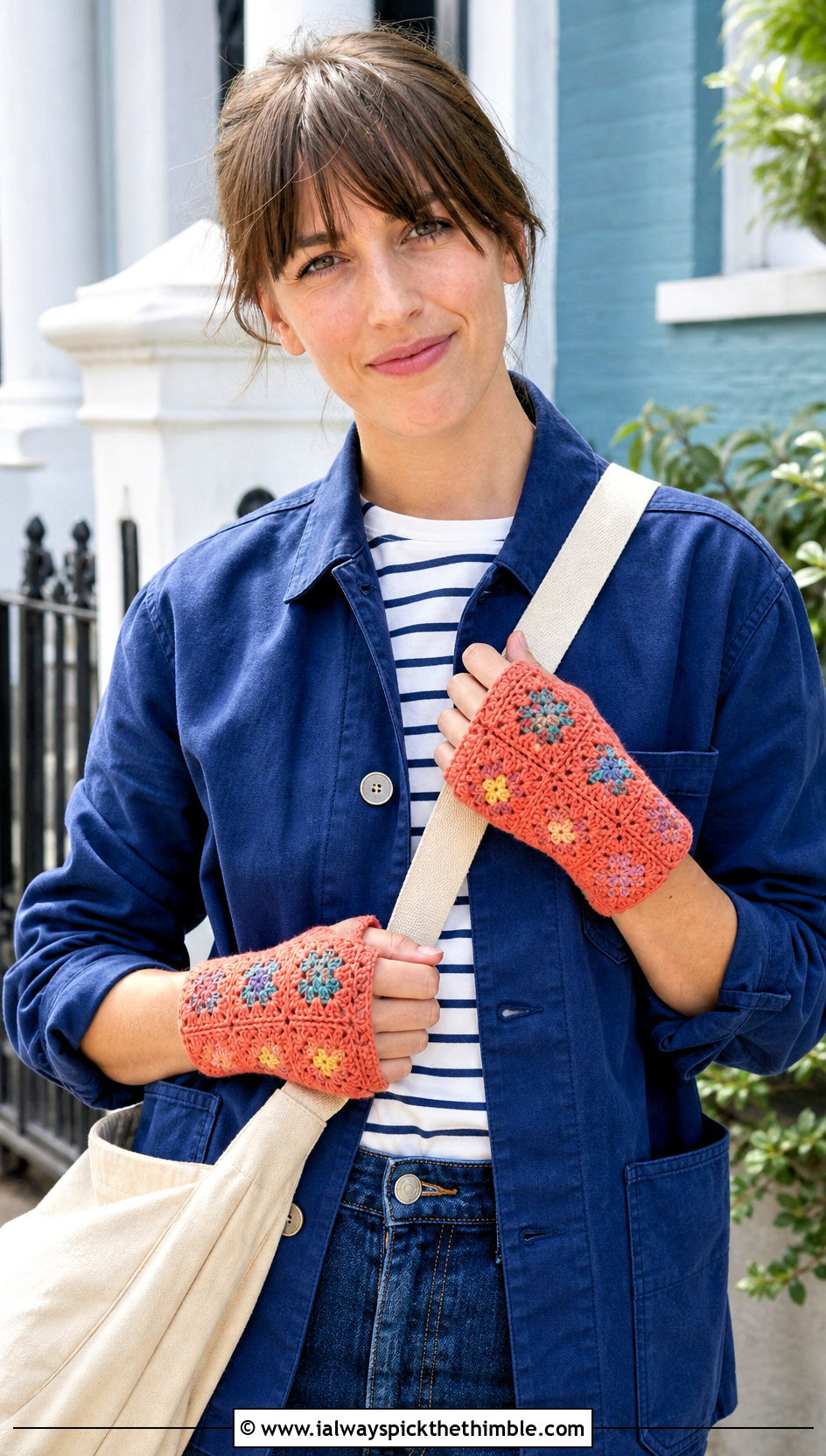 Mini Square Crochet Gloves With Chore Coat - 20 Fingerless Granny Square Gloves outfit ideas