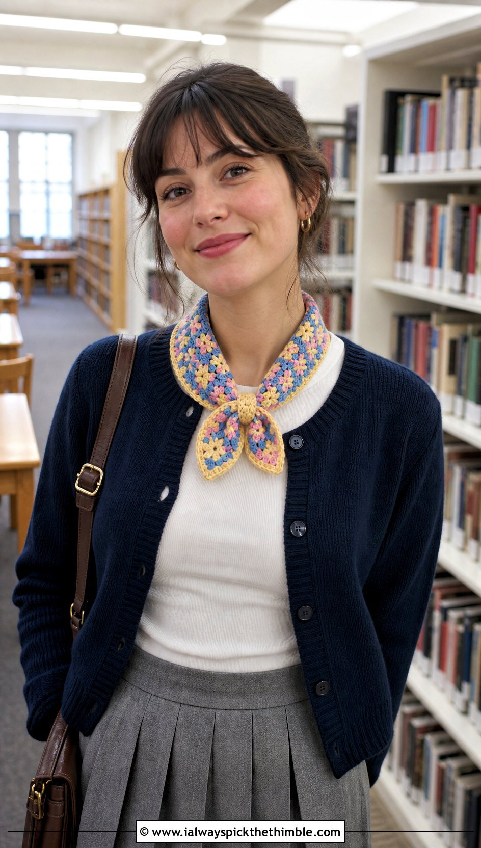 Mini Square Granny Square Scarf With Cardigan And Pleated Skirt - 25 granny square scarf outfit ideas