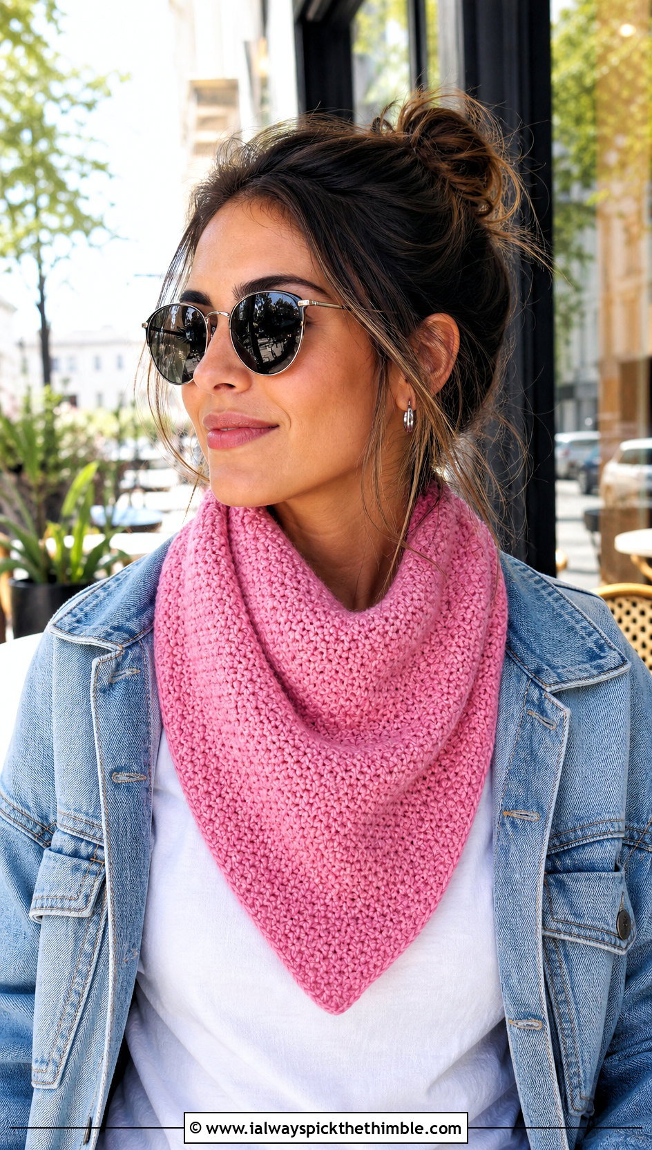 Mini Triangle Moss Stitch Shawl With A Denim Jacket - 20 Crochet Moss Stitch Shawl outfit ideas