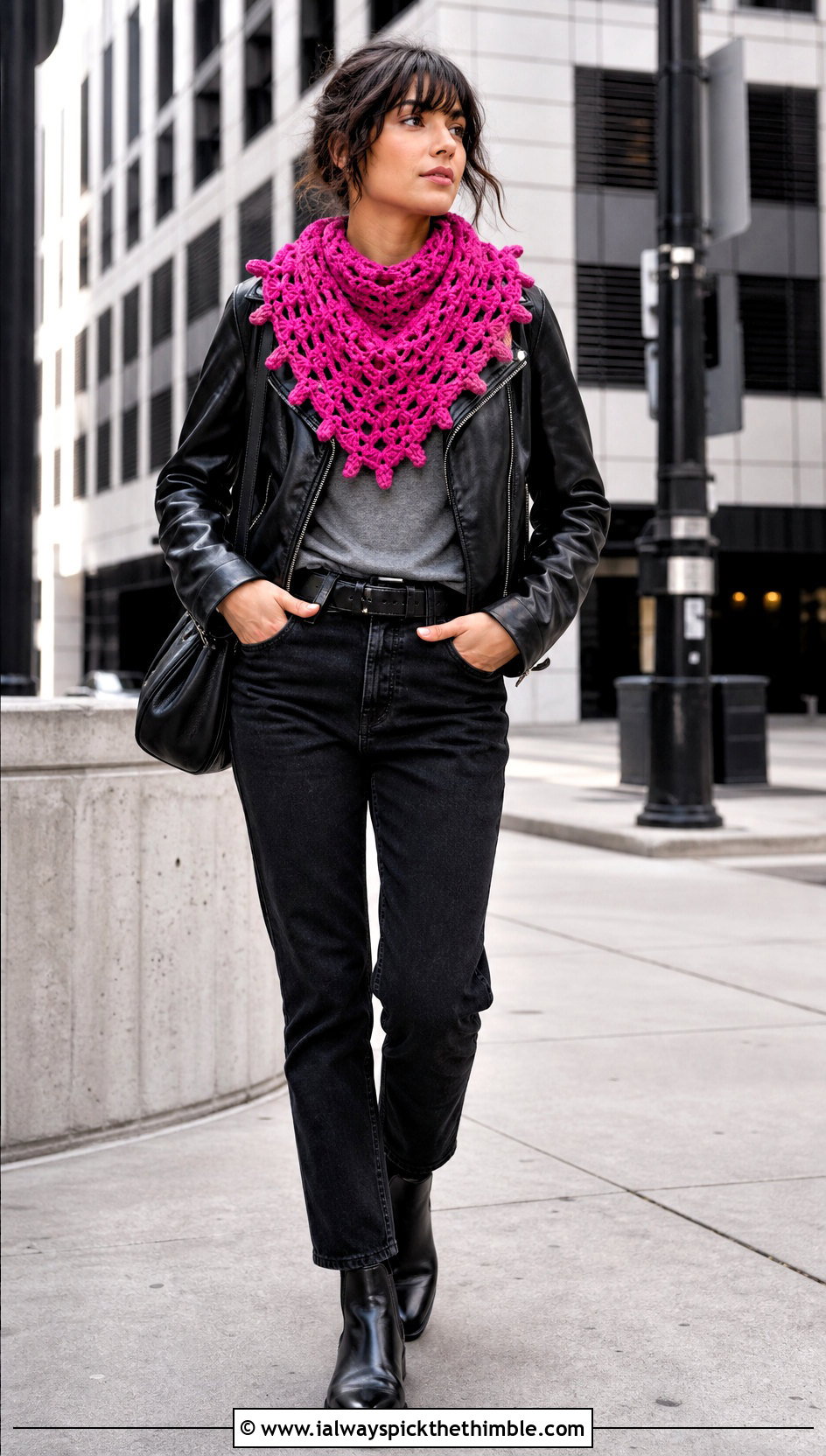 Mini Triangle Virus Shawl With Leather Jacket - 25 crochet virus shawl outfit ideas