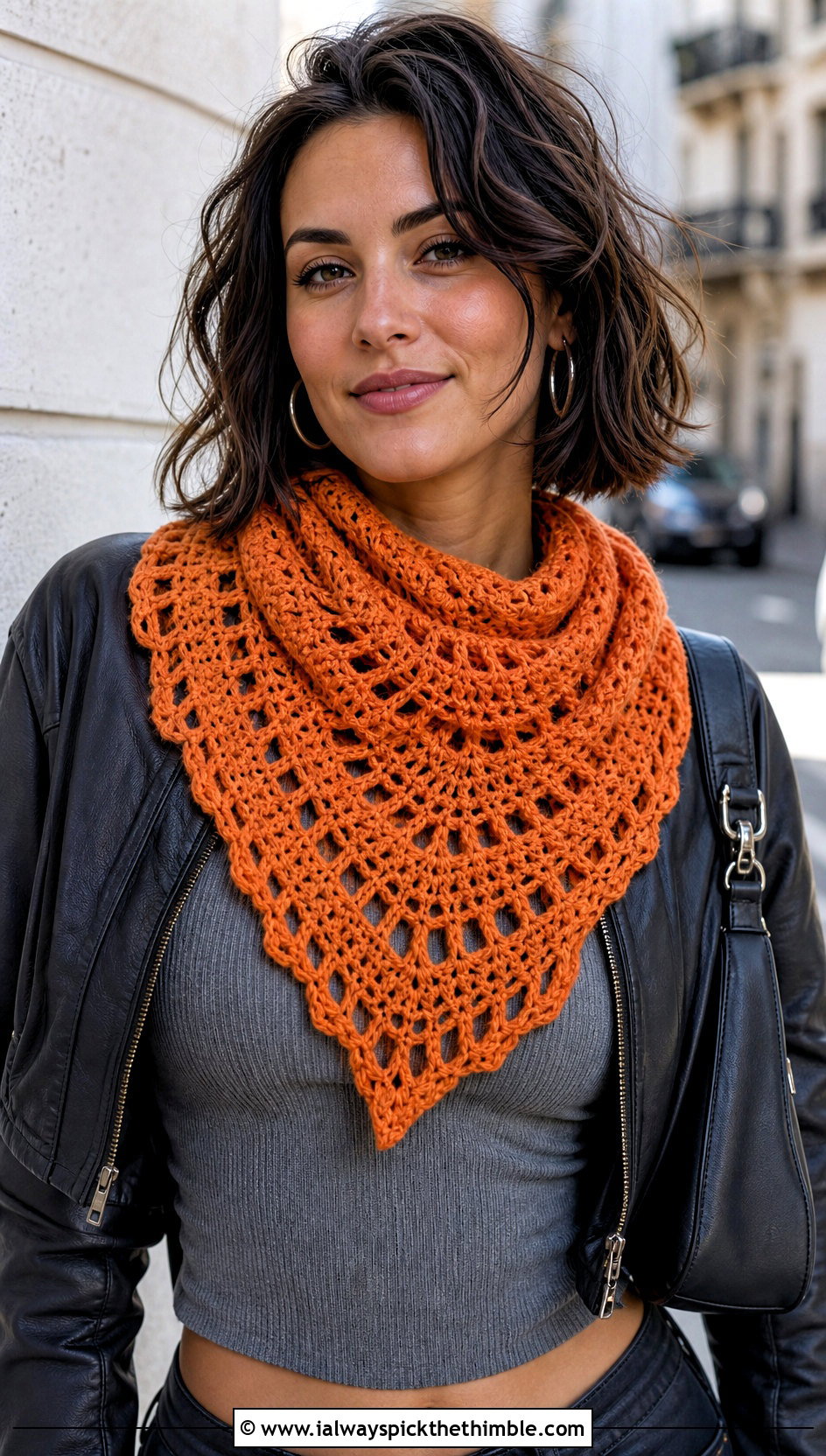 Mini Triangle Virus Shawl With Leather Jacket - 15 crochet virus shawls outfit ideas