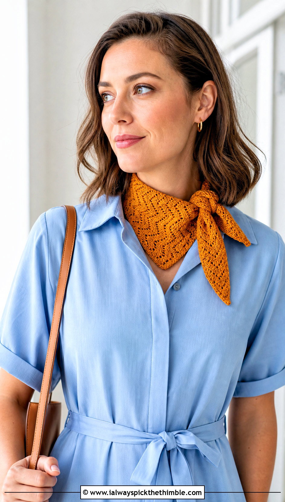 Mini Zig Zag Crochet Neck Scarf With Shirt Dress - 20 Zig Zag Crochet Scarf outfit ideas