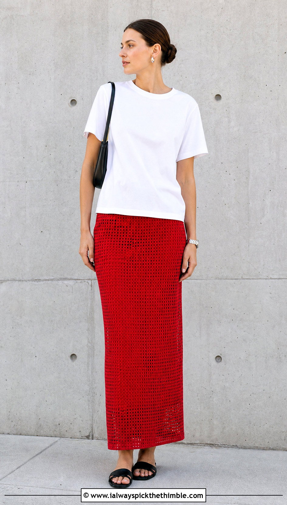 Minimal Filet Crochet Column Skirt With Boxy T Shirt - 25 Filet Crochet Skirt outfit ideas