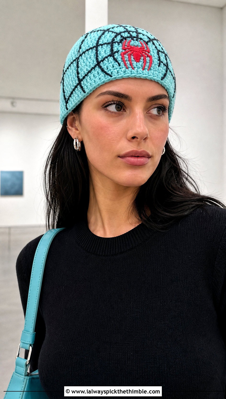 Minimal Spider Logo Crochet Skull Cap With Monochrome Outfit - 25 spider man crochet beanie outfit ideas