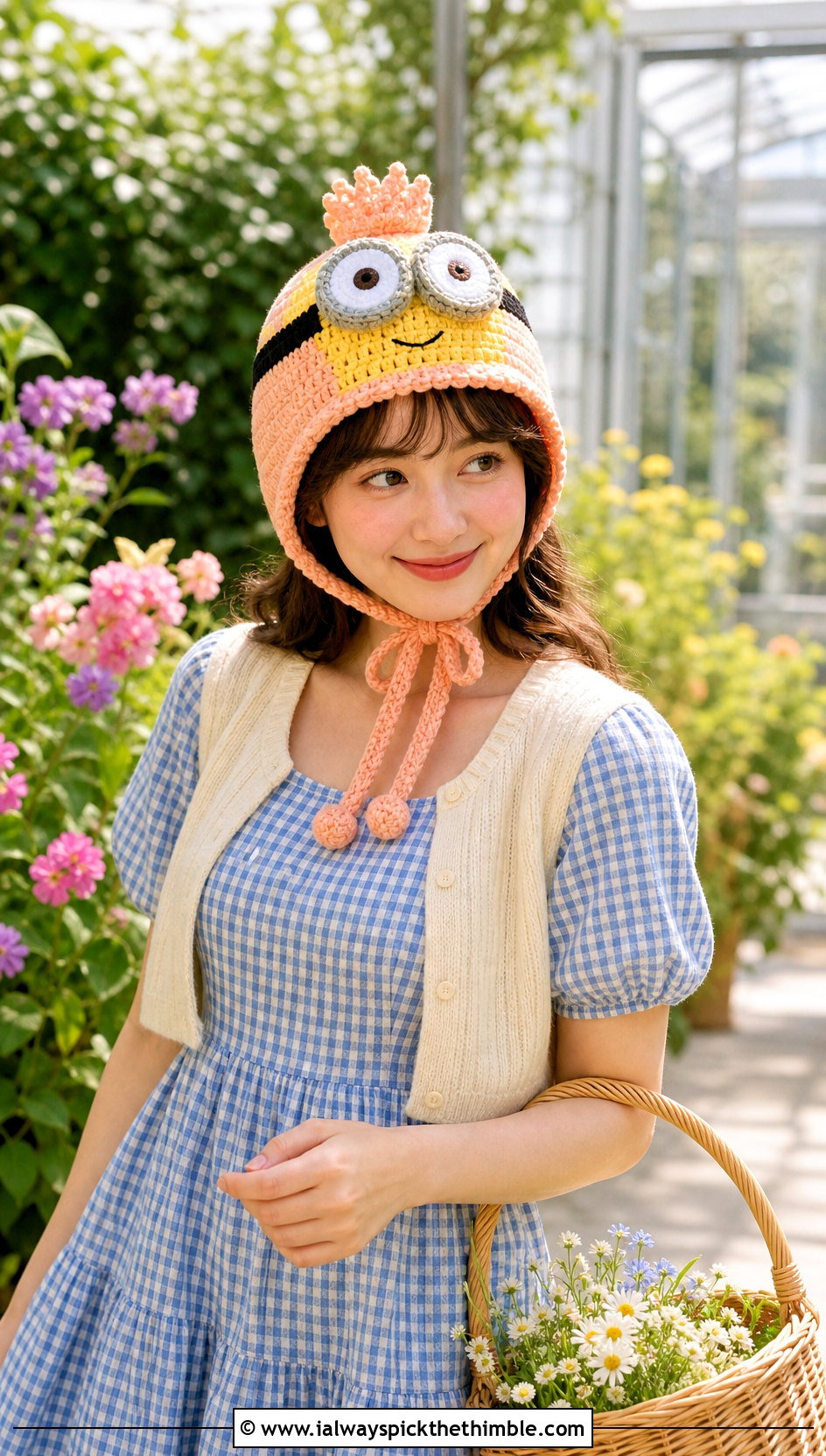 Minion Crochet Bonnet With Gingham Midi Dress - 15 Minion Crochet Hat outfit ideas