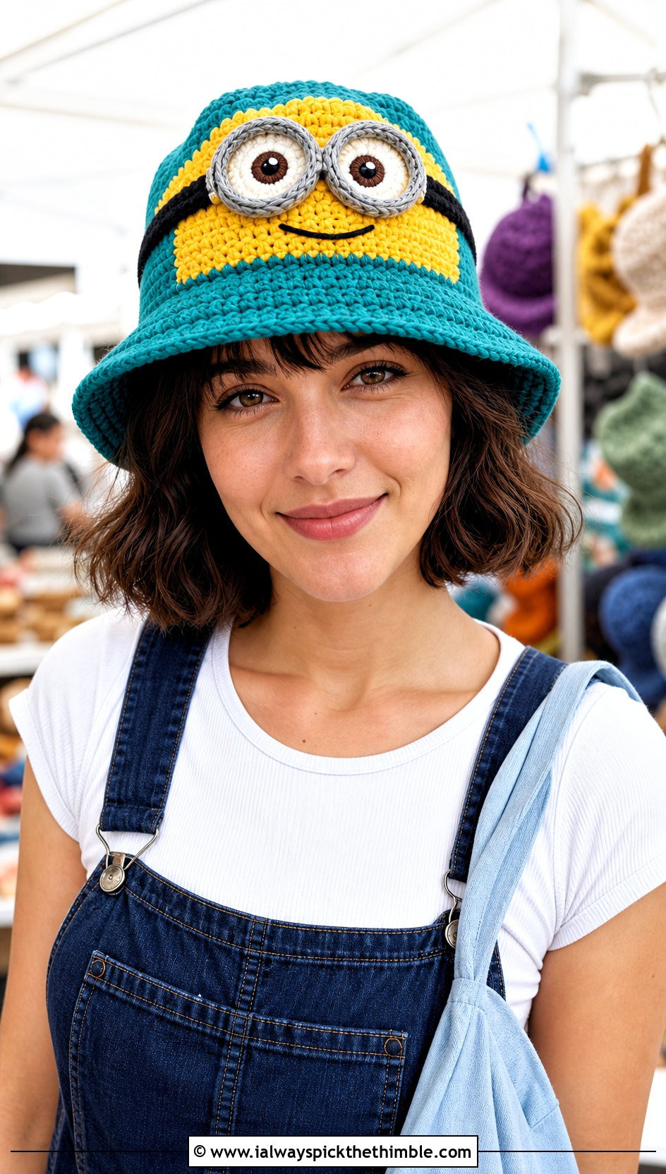 Minion Crochet Bucket Hat With Denim Overalls - 15 Minion Crochet Hat outfit ideas