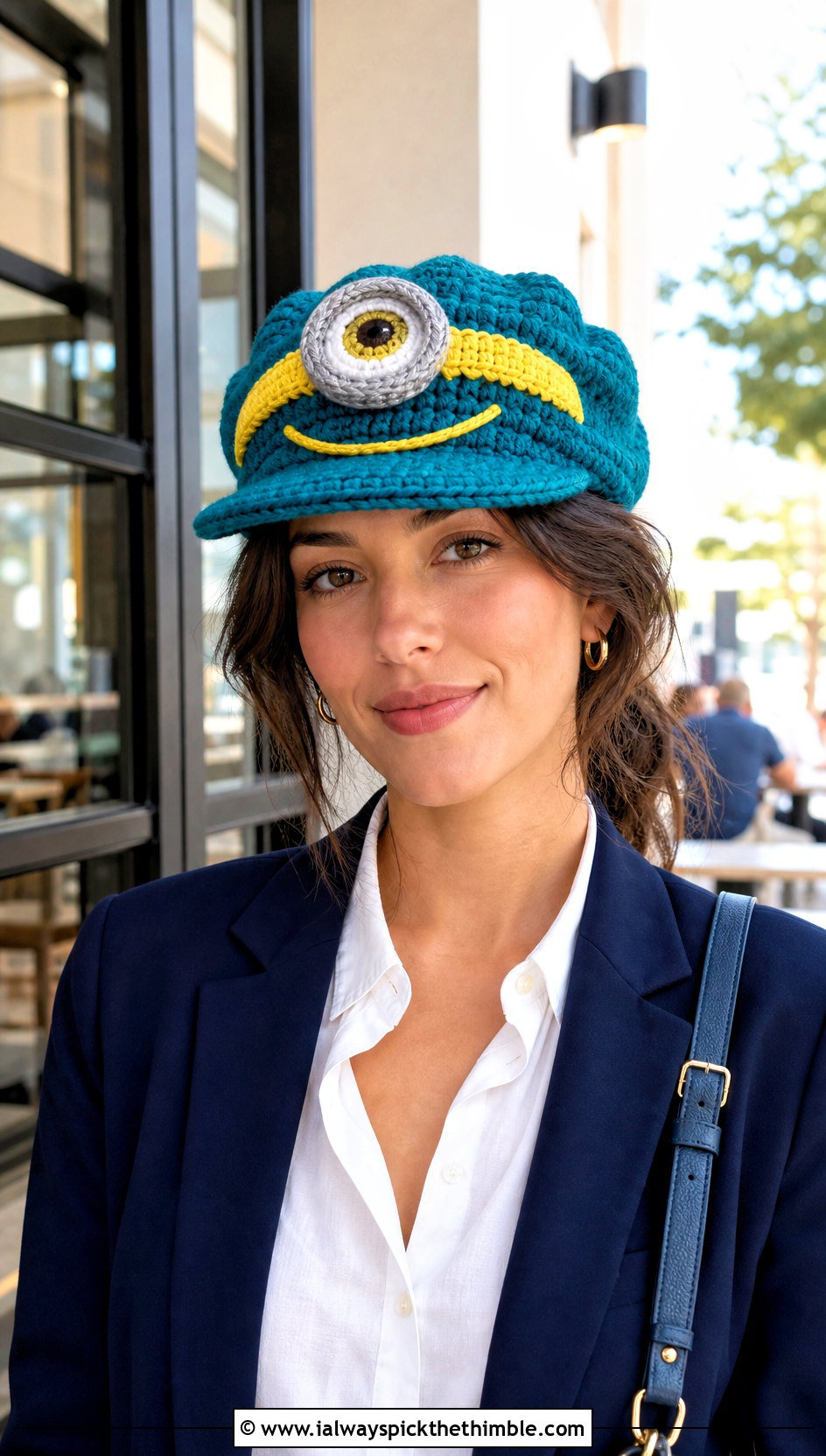 Minion Crochet Newsboy Hat With Blazer And Jeans - 15 Minion Crochet Hat outfit ideas