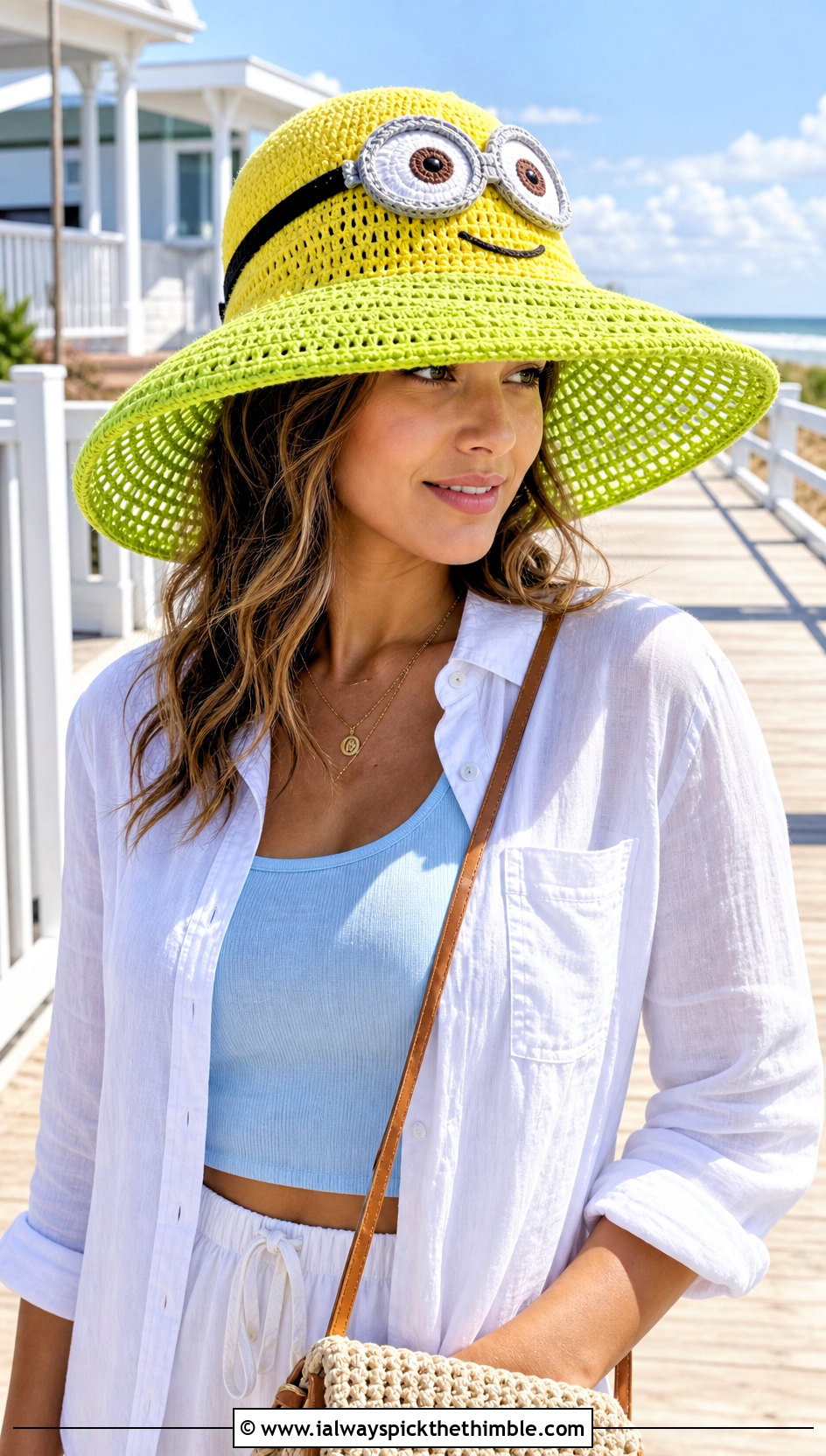 Minion Crochet Sun Hat With Linen Shorts - 15 Minion Crochet Hat outfit ideas