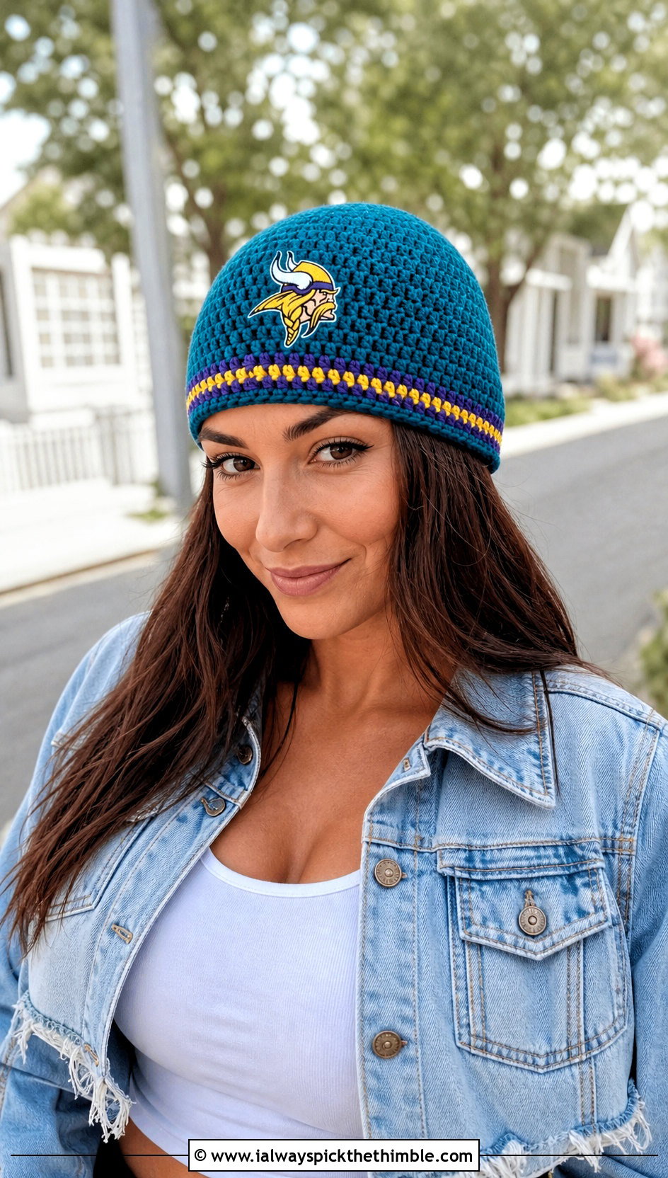 Minnesota Vikings Crochet Skull Cap With Denim Jacket And Maxi Skirt - 20 crochet minnesota vikings hat outfit ideas