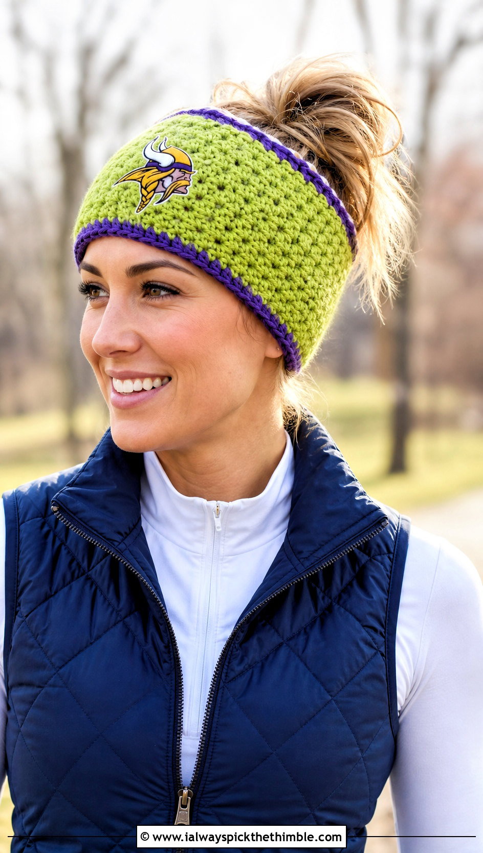 Minnesota Vikings Messy Bun Beanie With Quilted Vest And Flared Leggings - 20 crochet minnesota vikings hat outfit ideas