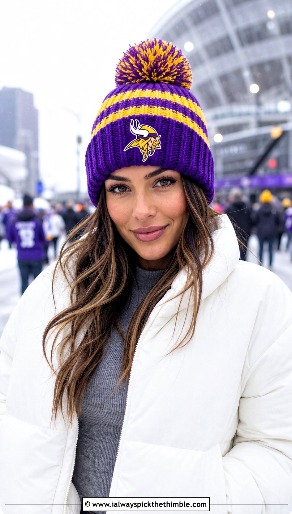 Minnesota Vikings Pom Pom Beanie With Puffer Jacket And Jeans - 20 crochet minnesota vikings hat outfit ideas