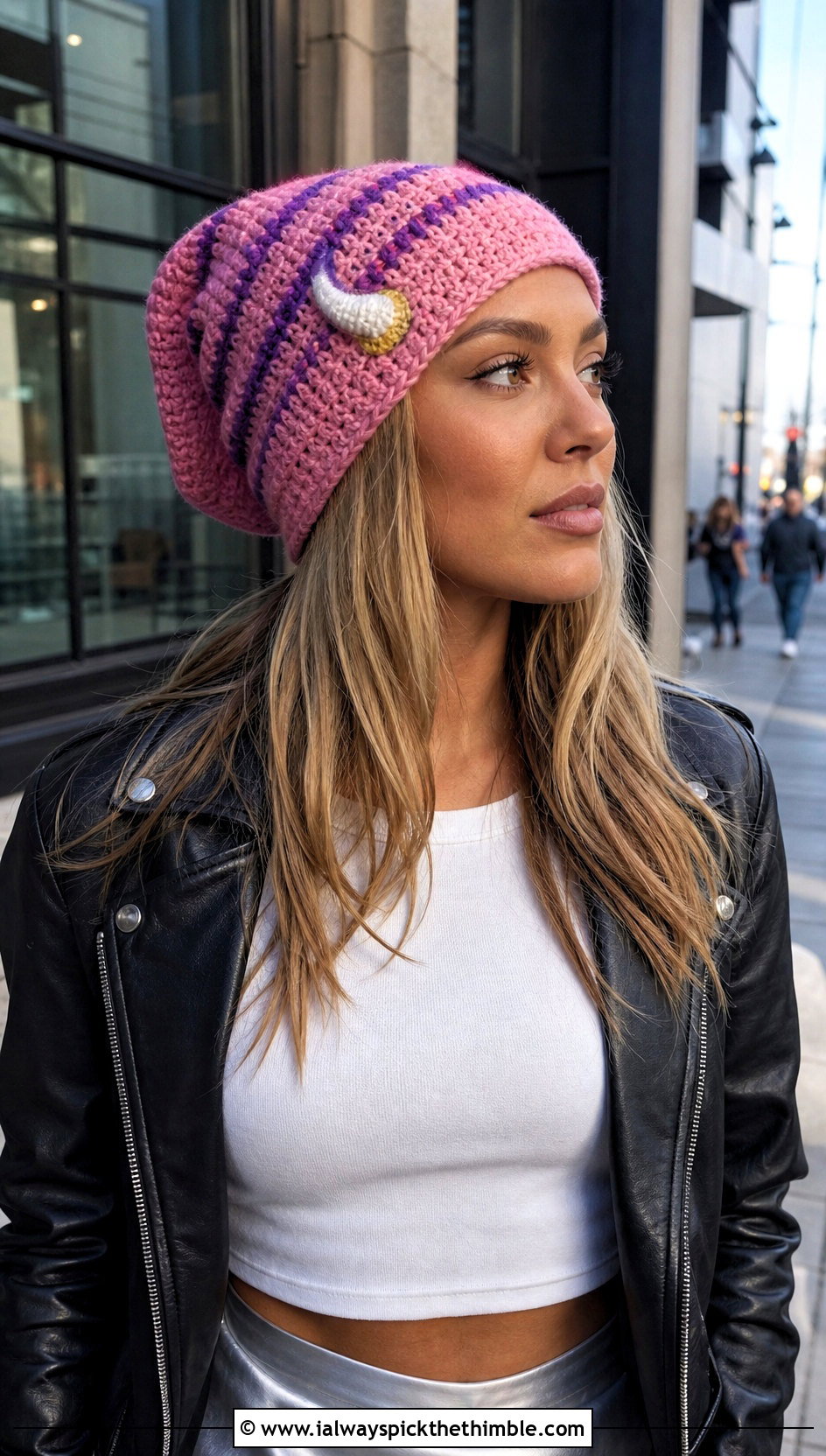 Minnesota Vikings Slouchy Beanie With Leather Jacket And Midi Skirt - 20 crochet minnesota vikings hat outfit ideas