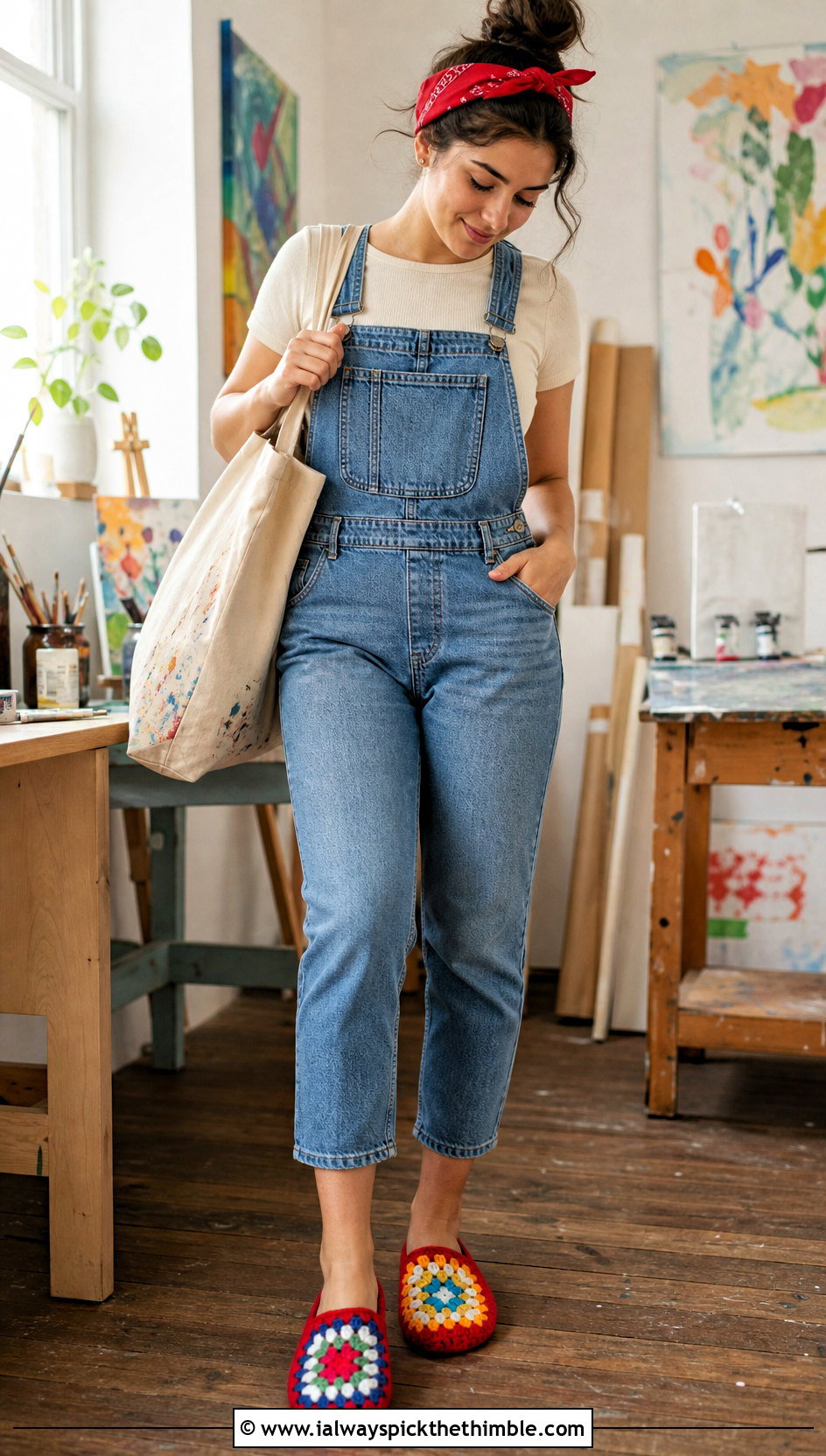 Mismatched Granny Square Slippers With Denim Overalls - 15 Crochet Granny Square Slipper outfit ideas