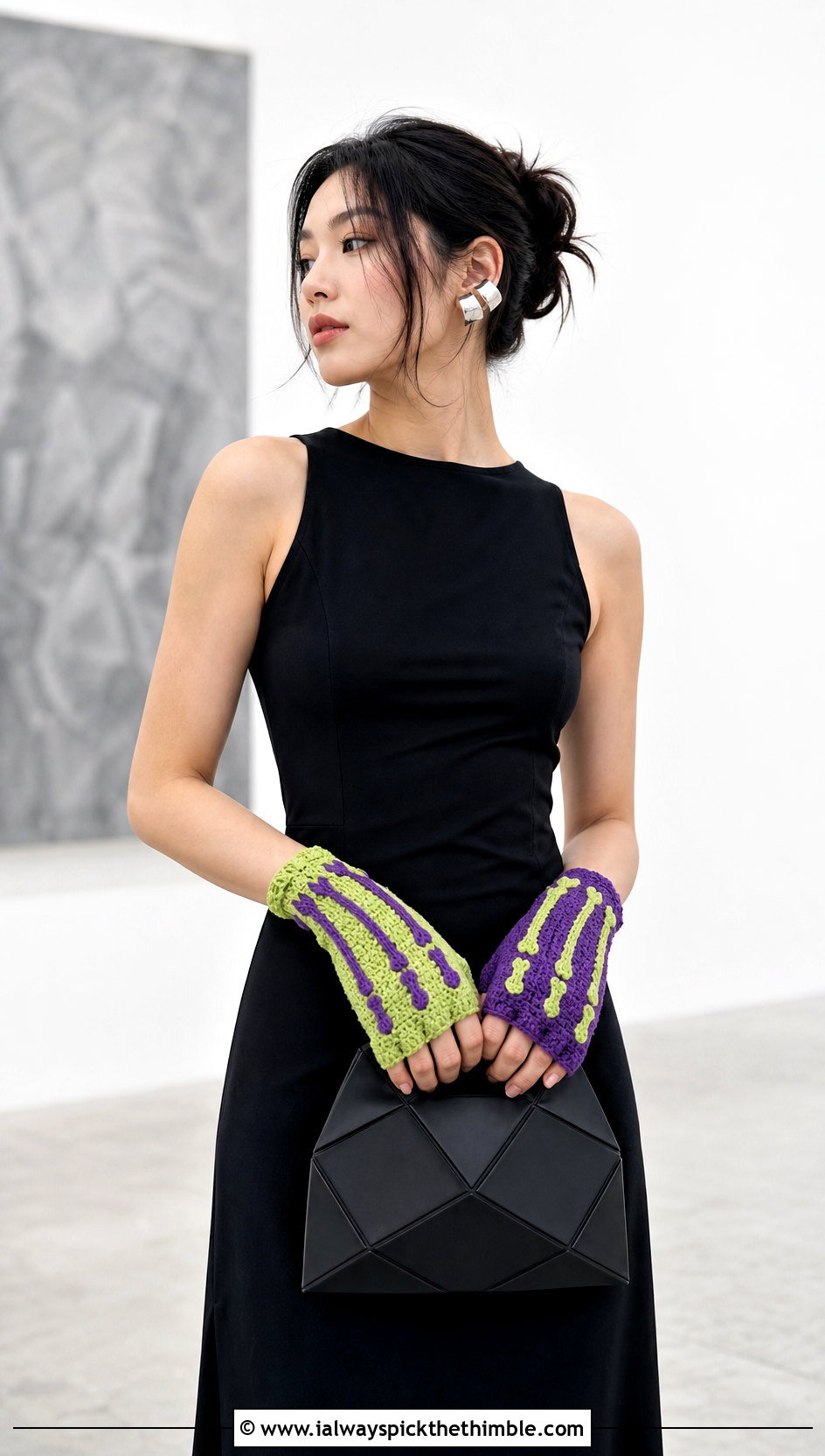 Mismatched Skeleton Gloves With Minimalist Dress - 15 Skeleton Crochet Fingerless Gloves outfit ideas