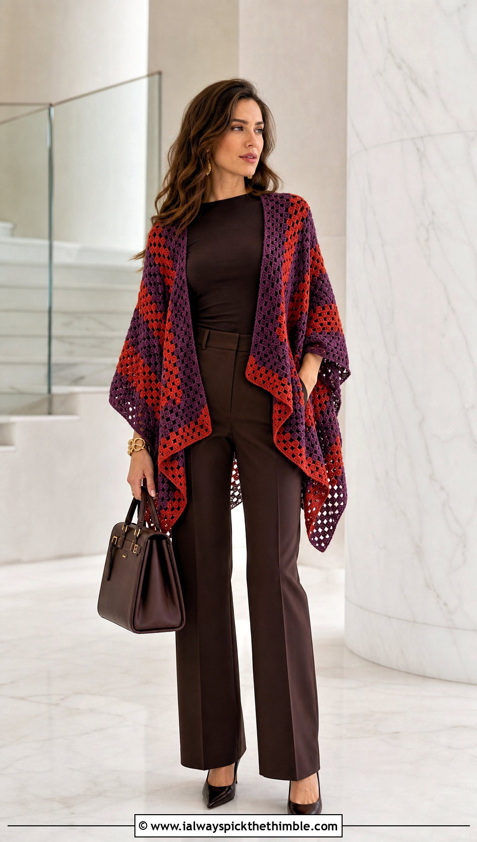 Mitered Granny Square Ruana With Monochrome Suiting - 20 Granny Square Ruana outfit ideas