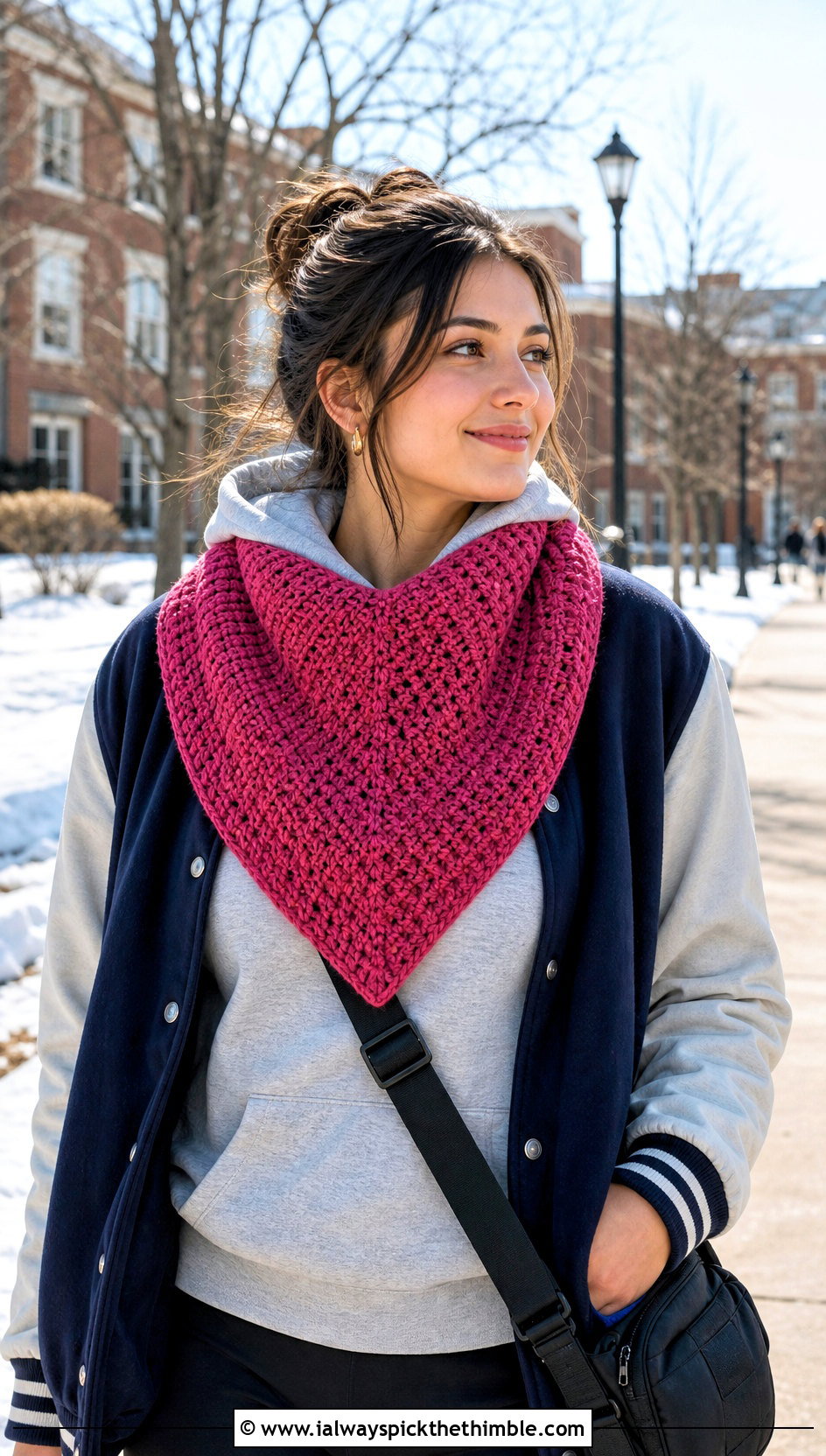 Mitered Square Crochet Scarf With Varsity Jacket - 25 Winter Crochet Scarfs For Women outfit ideas