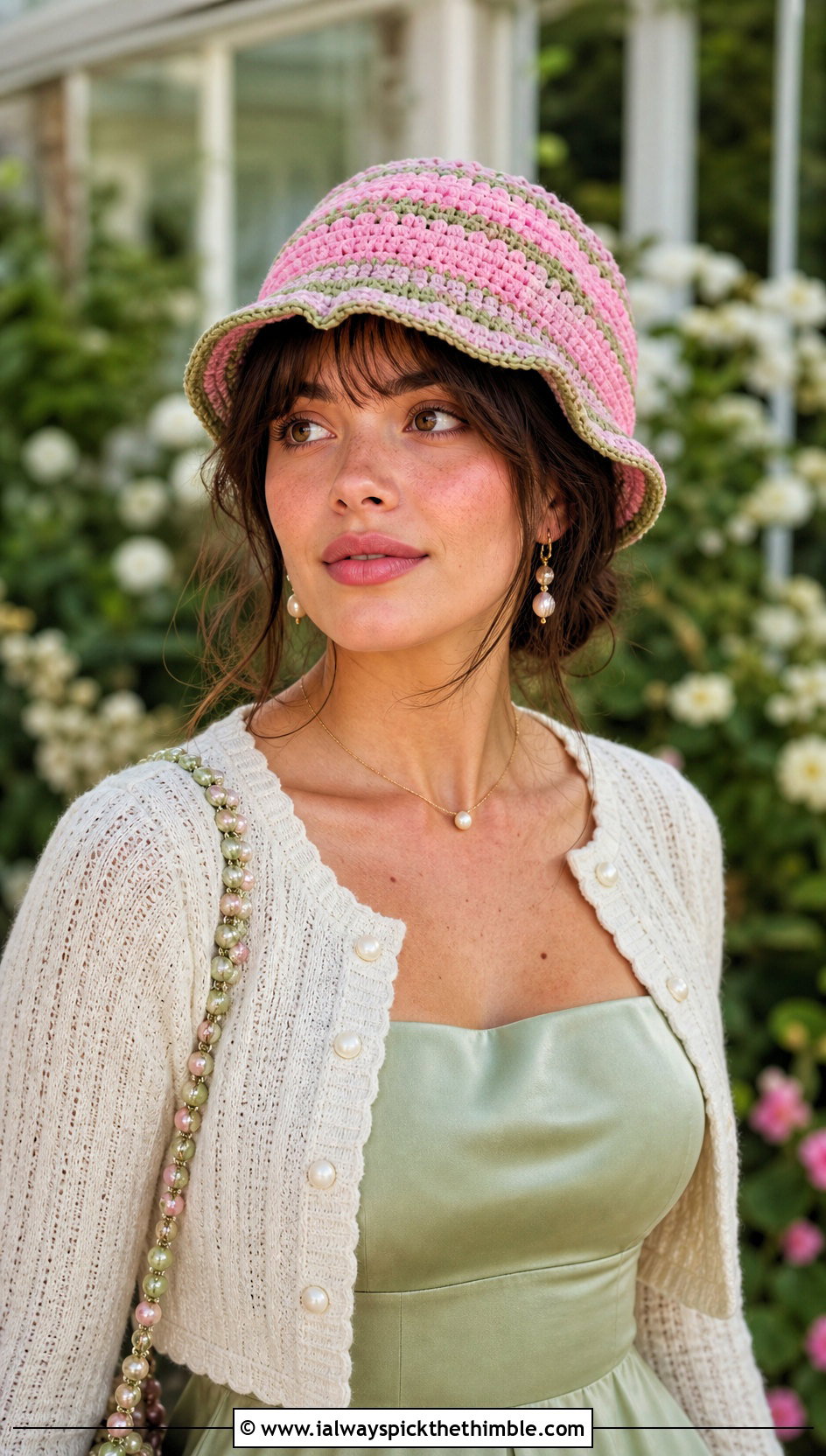 Mitsuri Striped Cloche Hat With Satin Dress and Cropped Cardigan - 20 Demon Slayer Crochet Hat outfit ideas