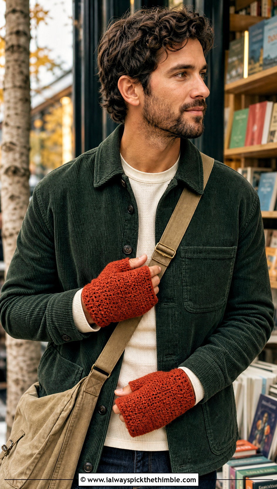 Mitten Style Crochet Fingerless Gloves With Corduroy Jacket - 25 crochet gloves for men outfit ideas