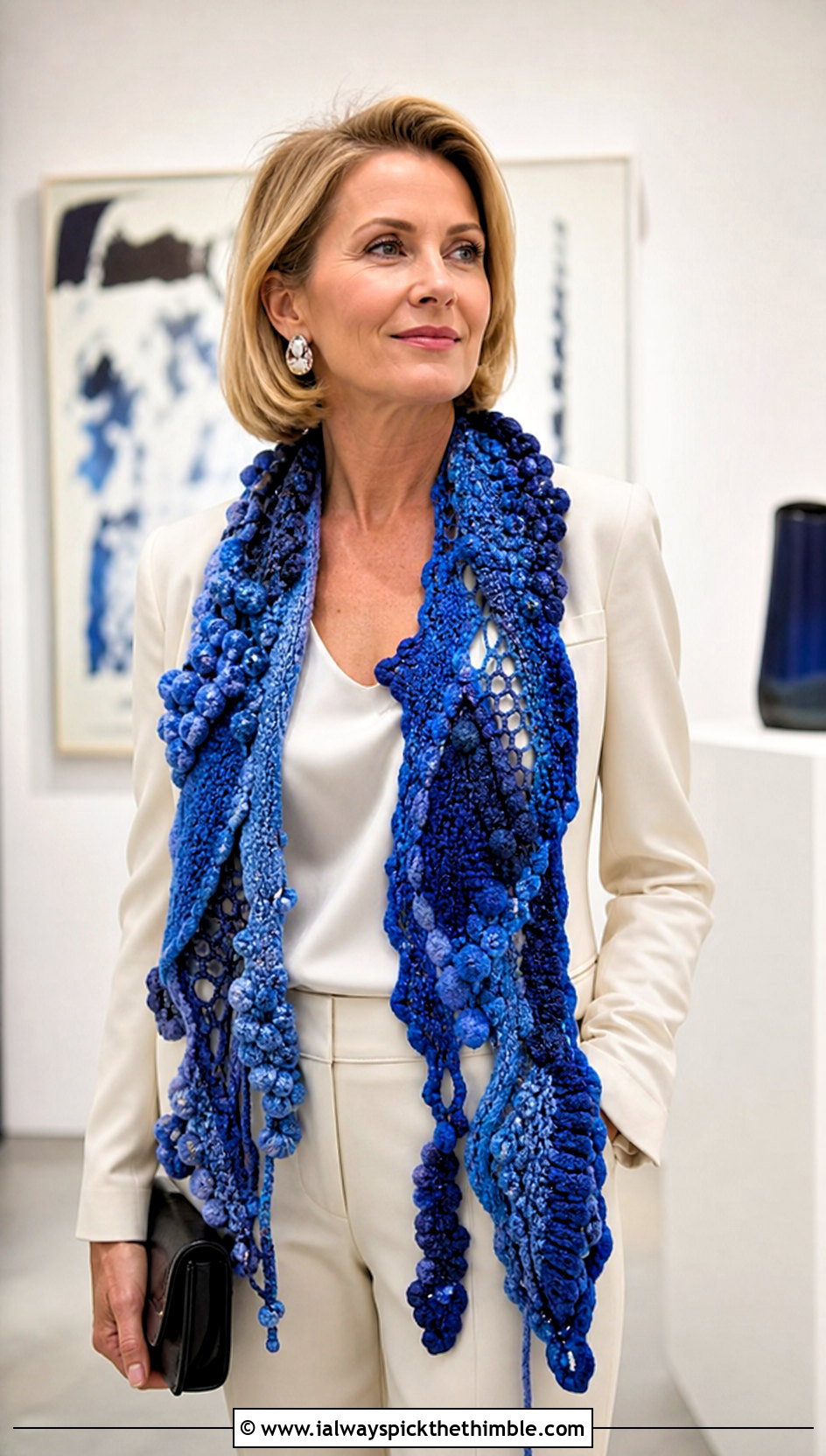 Mixed Fiber Freeform Crochet Art Scarf With Pantsuit - 20 Freeform Crochet Scarf outfit ideas