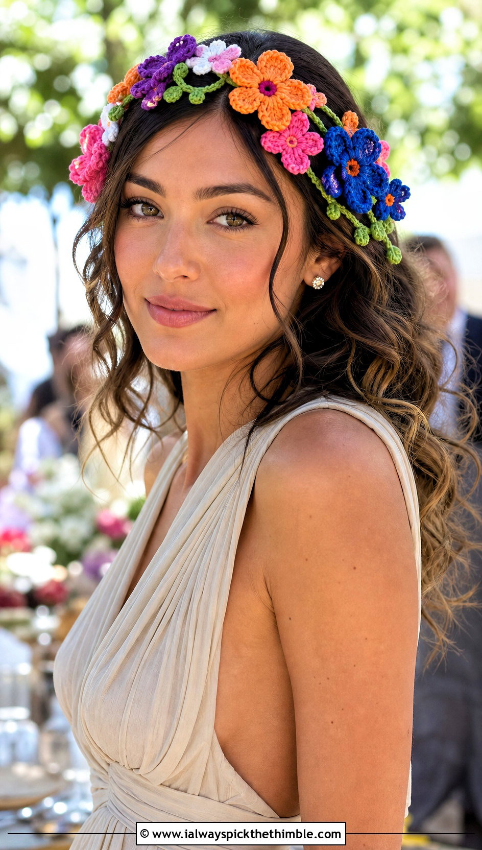 Mixed Floral Crown Crochet Headband With Minimal Maxi Dress - 25 flower crochet headband outfit ideas