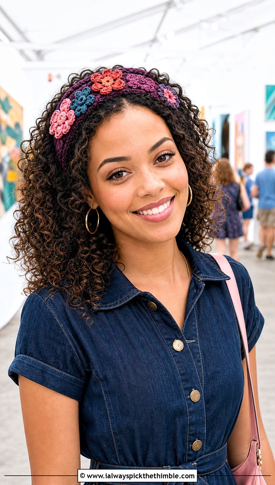 Mixed Flower Crown Crocheted Headband With Denim Dress - 15 colorful crocheted headband with flower outfit ideas