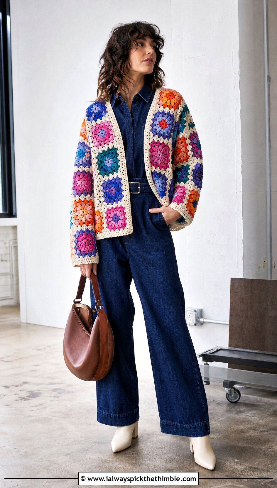 Mixed Flower Granny Cardigan With Denim Jumpsuit - 20 crochet flower cardigan outfit ideas