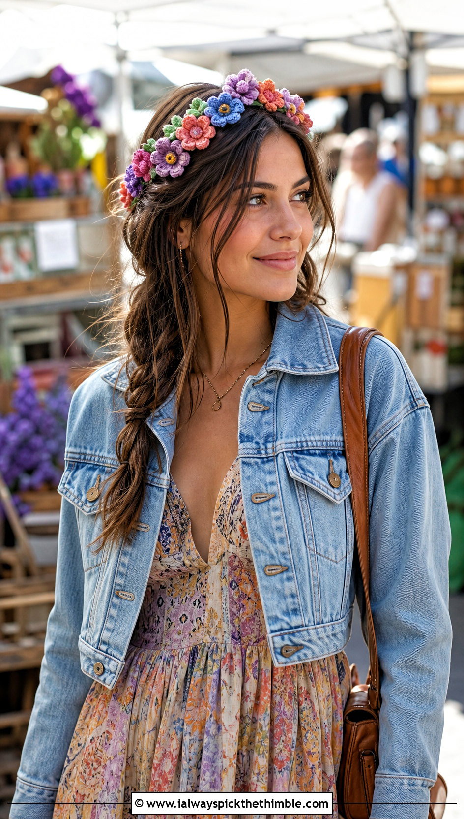 Mixed Meadow Crochet Flower Crown Headband With Maxi Dress - 20 crochet flower crown headband outfit ideas
