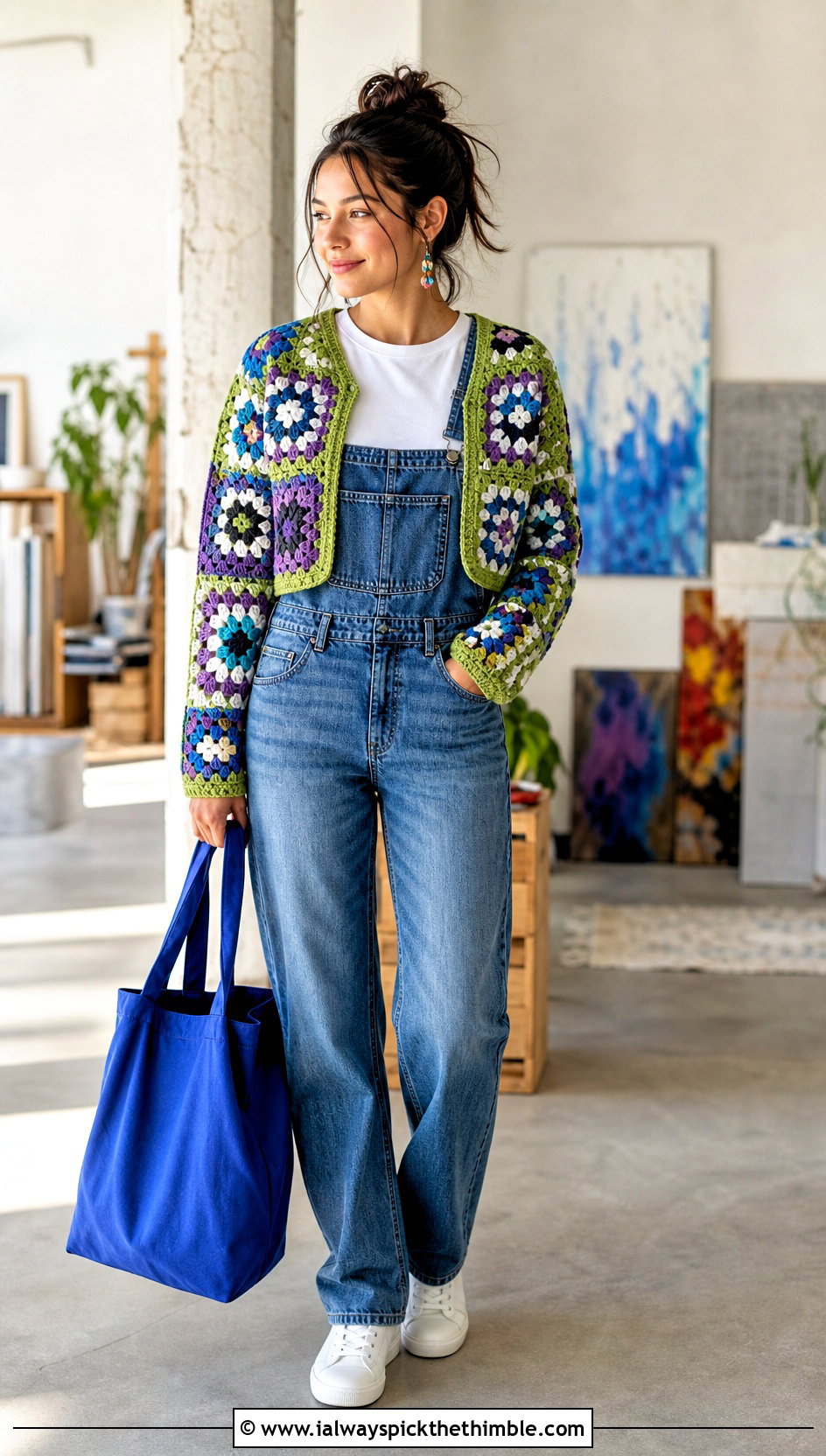 Mixed Motif Cropped Granny Square Cardigan With Denim Overalls - 20 Cropped Granny Square Cardigan outfit ideas