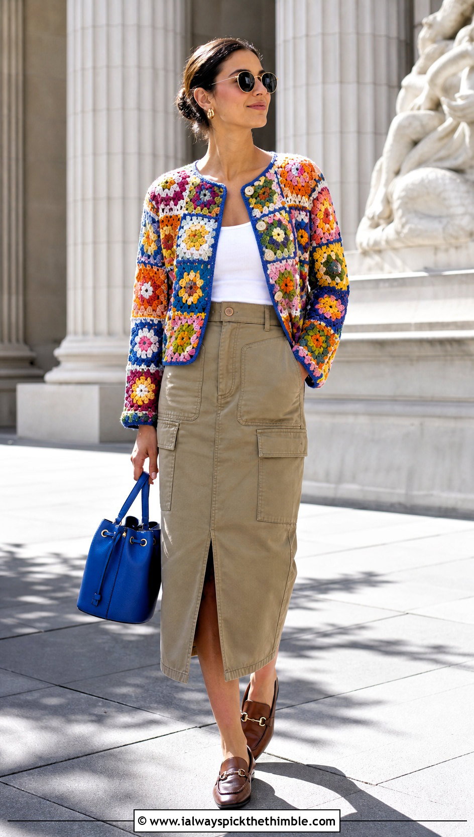 Mixed Motif Flower Cardigan With Utility Midi Skirt - 20 crochet flowers cardigan outfit ideas