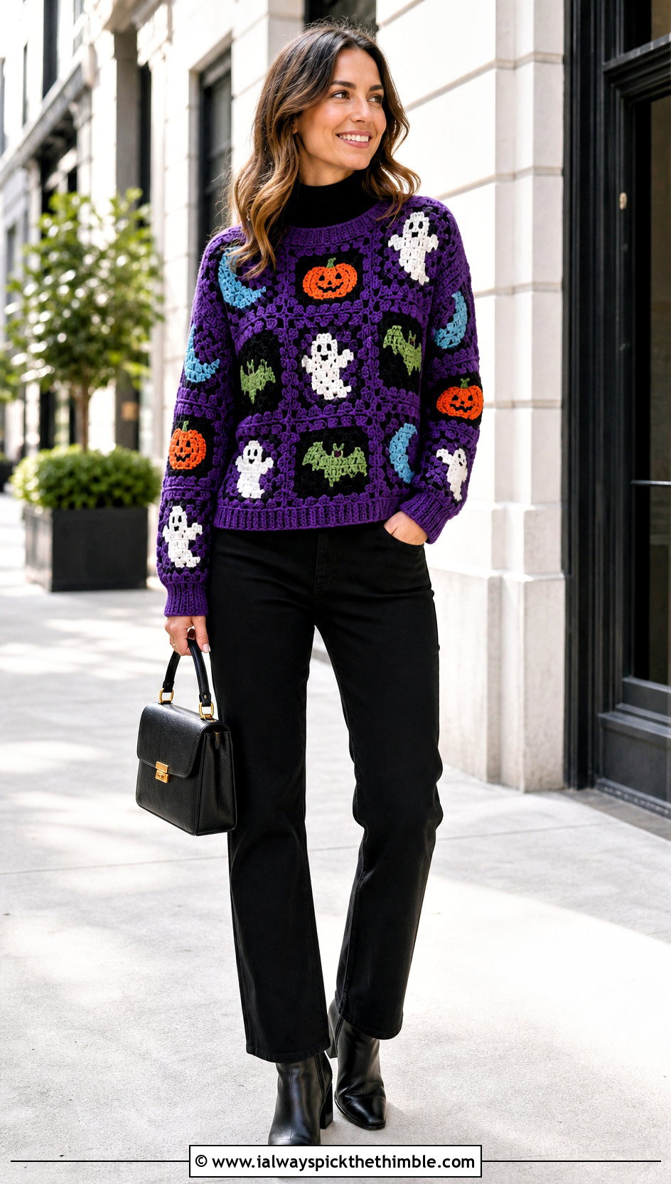 Mixed Motif Granny Square Halloween Sweater With A Monochrome Base - 15 Crochet Granny Square Halloween Sweater outfit ideas