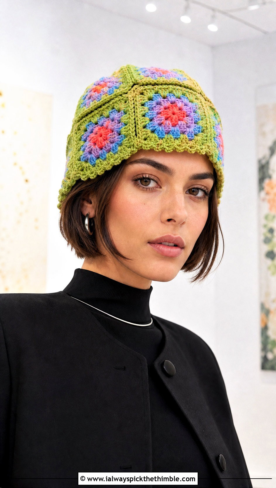 Mixed Motif Granny Square Hat With Monochrome Outfit - 20 granny stitch crochet hat outfit ideas