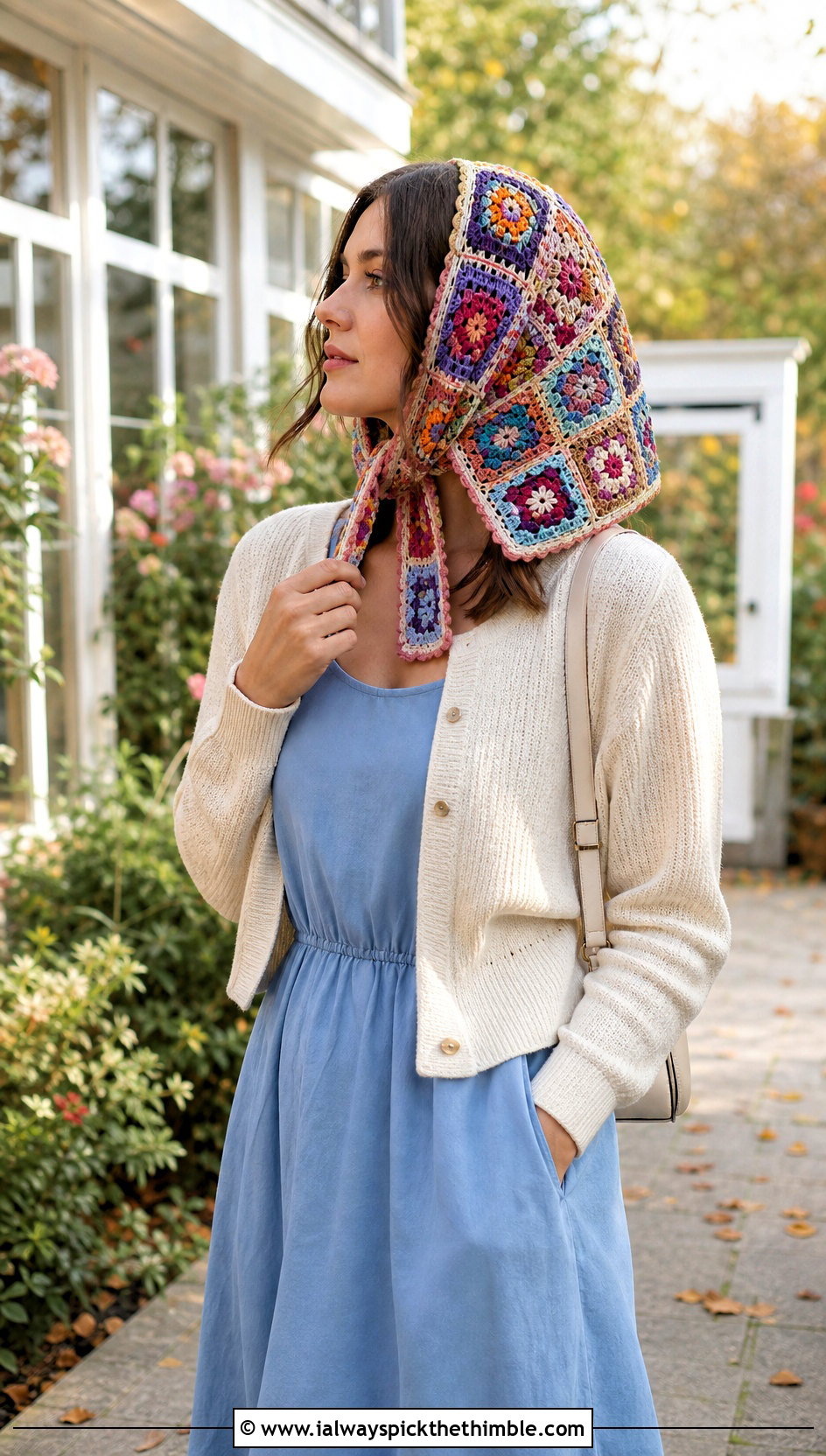 Mixed Motif Granny Square Head Scarf With Layered Dress - 25 granny square head scarf outfit ideas