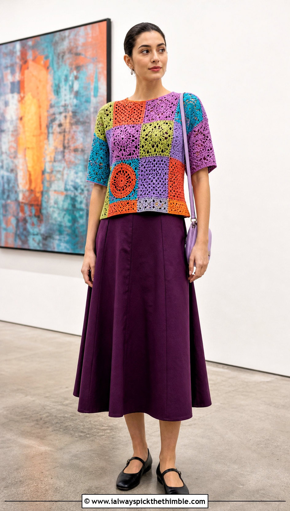 Mixed Patchwork Crochet Motif Top With A Line Midi Skirt - 20 crochet motif top outfit ideas