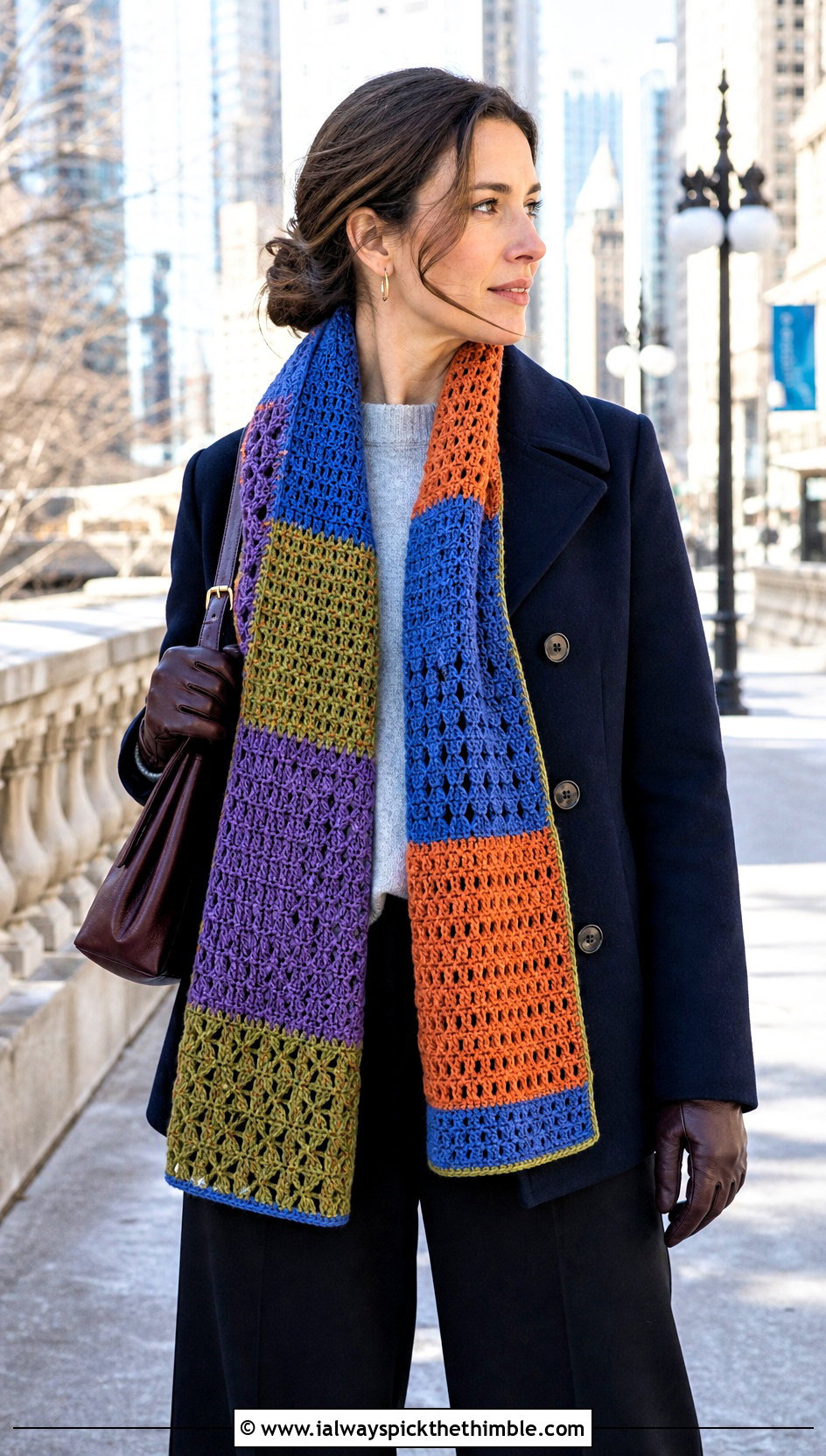 Mixed Stitch Sampler Scarf With Peacoat And Wide Leg Pants - 20 Crochet Stitch Sampler Scarf outfit ideas