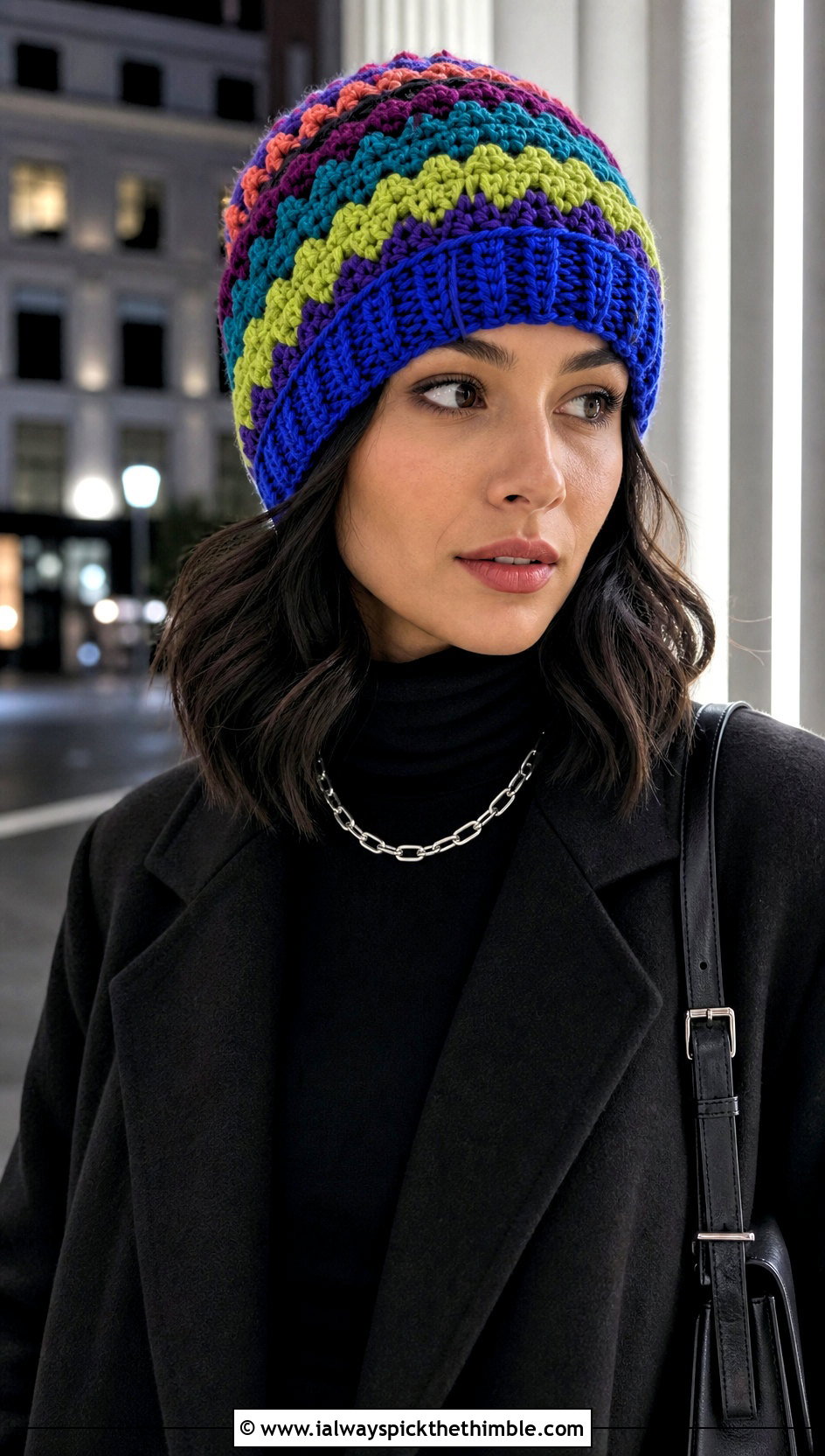 Mixed Stitch Scrap Yarn Crochet Beanie With All Black Outfit - 20 scrap yarn crochet beanie outfit ideas